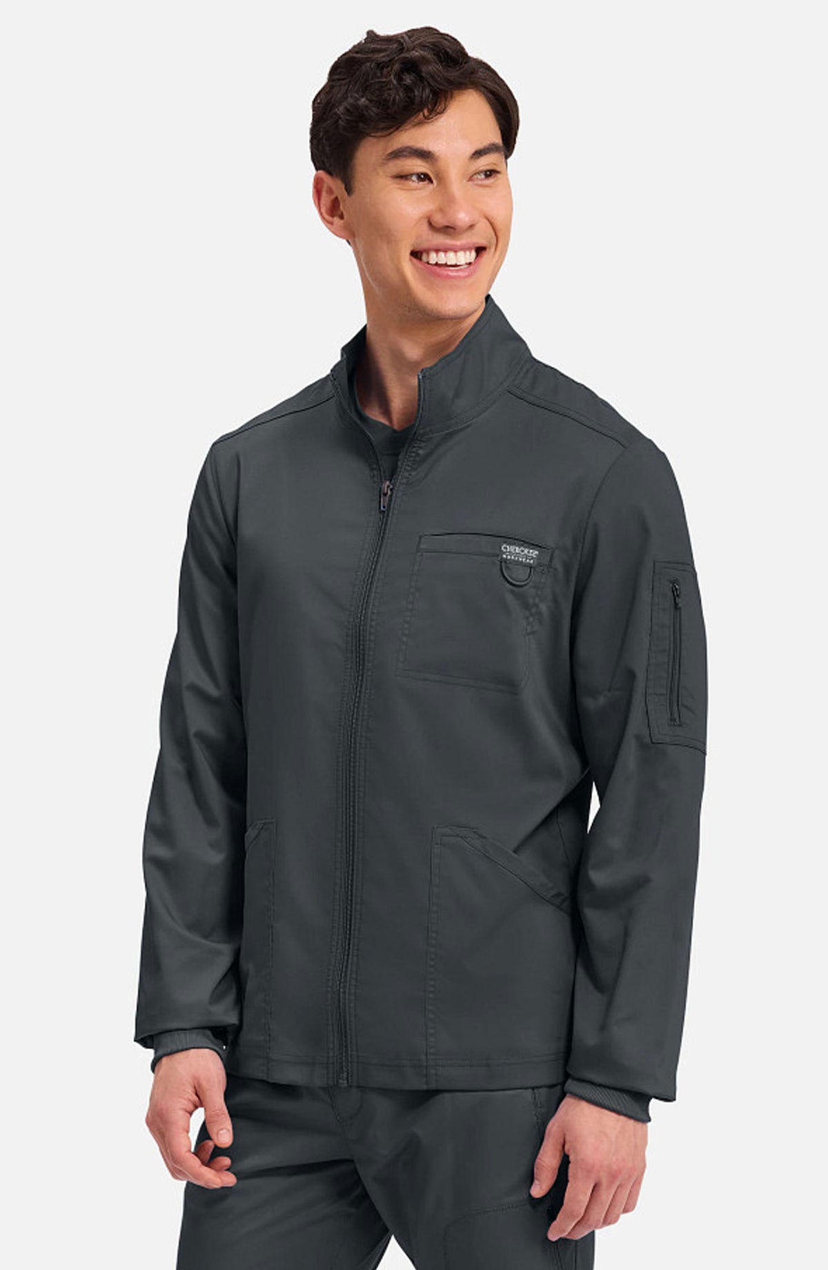 Men's Scrubs Jacket Zip Front Black Cherokee Workwear Revolution MDF Instruments WW320