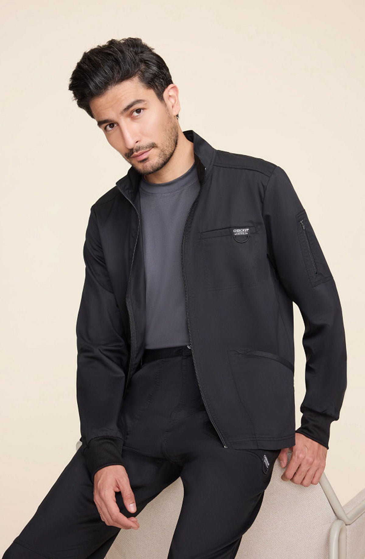 Men's Scrubs Jacket Zip Front Black Cherokee Workwear Revolution Medical Apparel MDF Instruments WW320