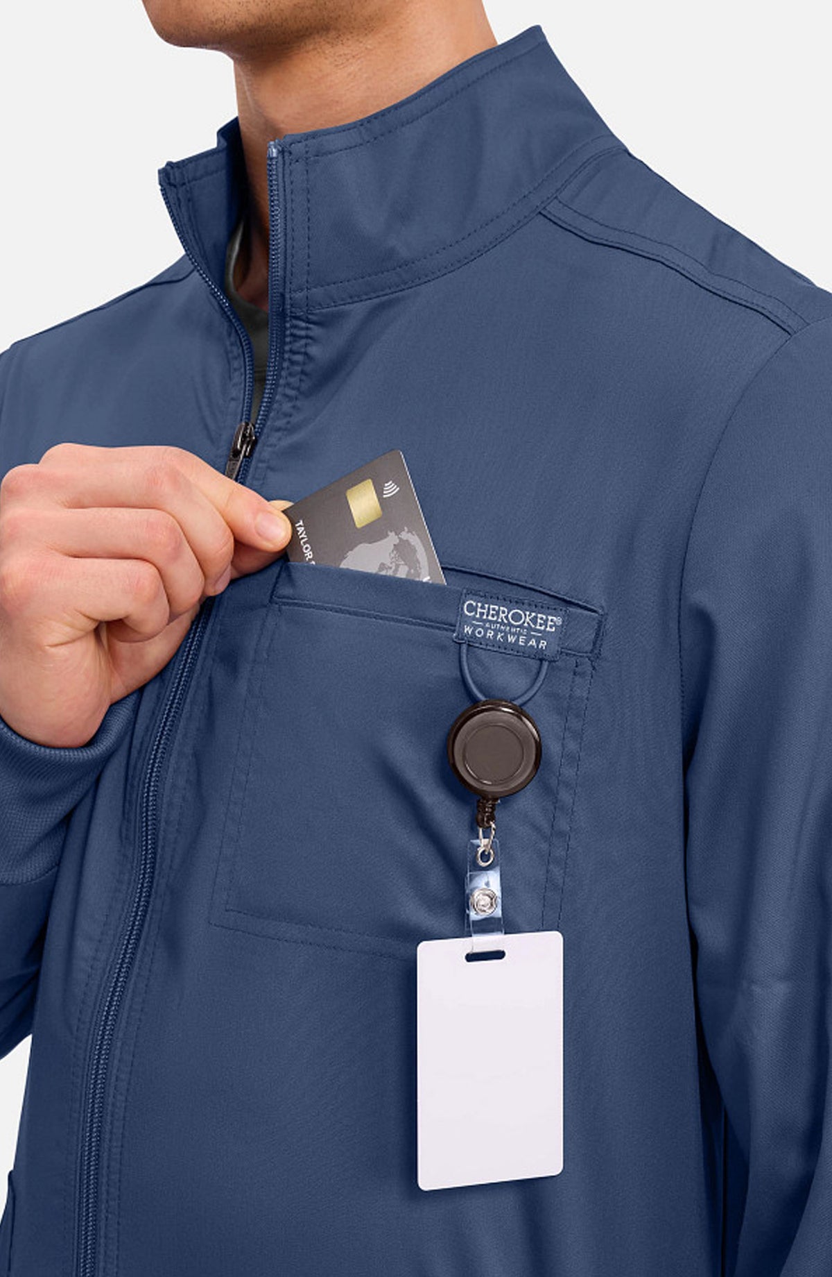Men's Scrubs Jacket Zip Front Navy Cherokee Workwear Revolution MDF Instruments WW320