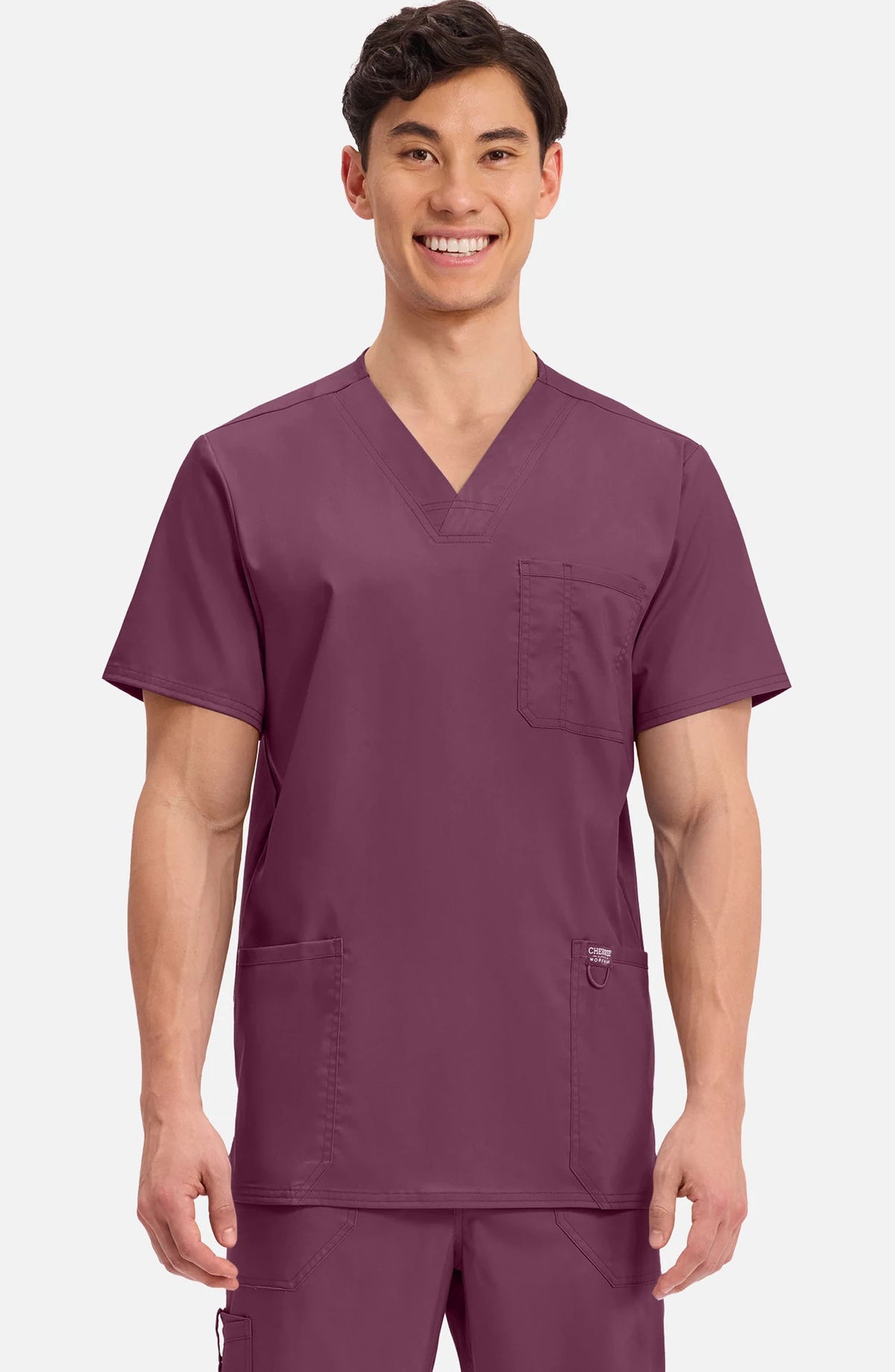 Men's Scrub Top V-Neck Top Wine Cherokee Workwear Revolution MDF Instruments WW670