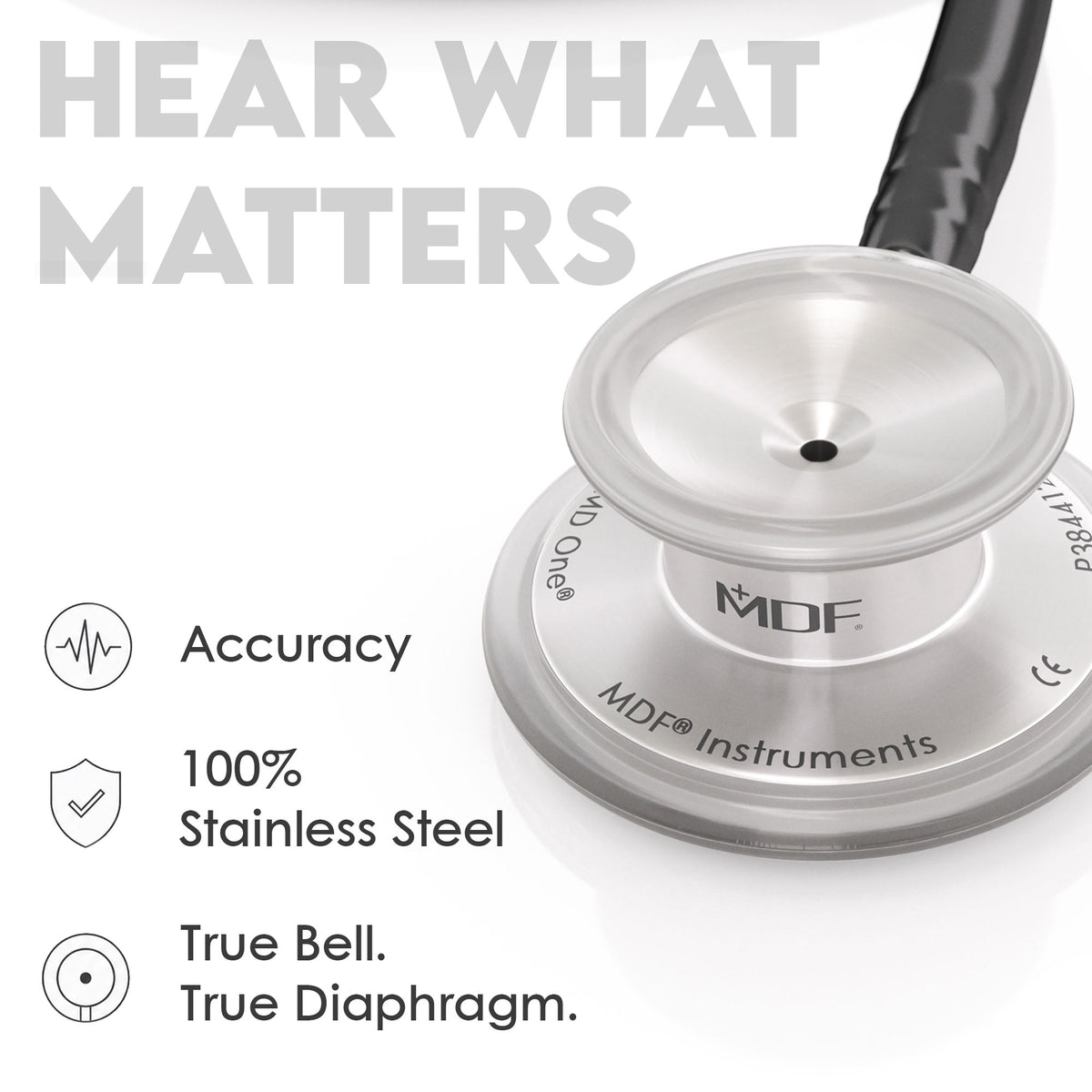 Stethoscope MDF Instruments MD One Stainless Steel Adult Dual Head NoirNoir Black True Bell and True Diaphragm for Accurate Sound