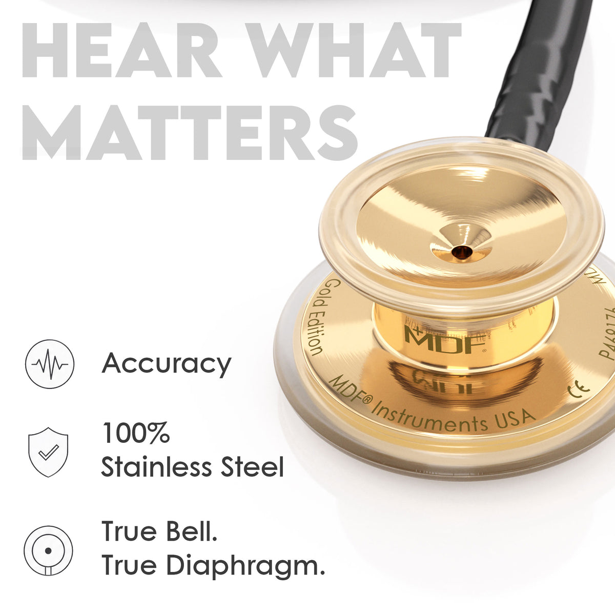 Stethoscope MDF Instruments MD One Stainless Steel Adult Dual Head Gold and Black True Bell and True Diaphragm for Accurate Sound
