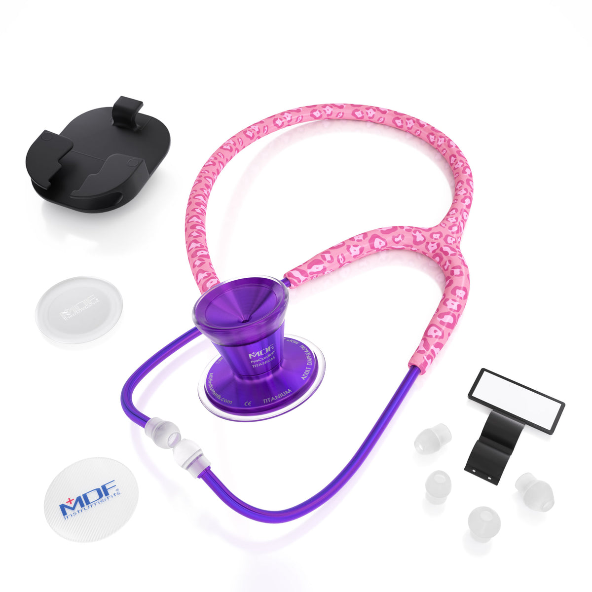 Stethoscope for Medical Professionals MDF Instruments ProCardial Titanium Cardiology Mprint Pink Leopard Print Cougar Pynk and Ultraviolet