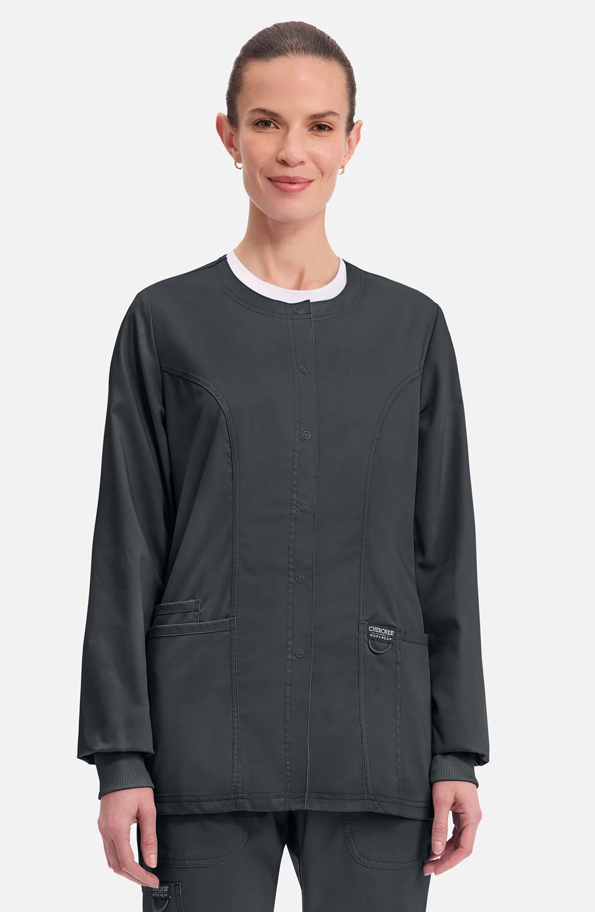 Women's Scrubs Jacket Button Front Black Cherokee Workwear Revolution MDF Instruments WW310
