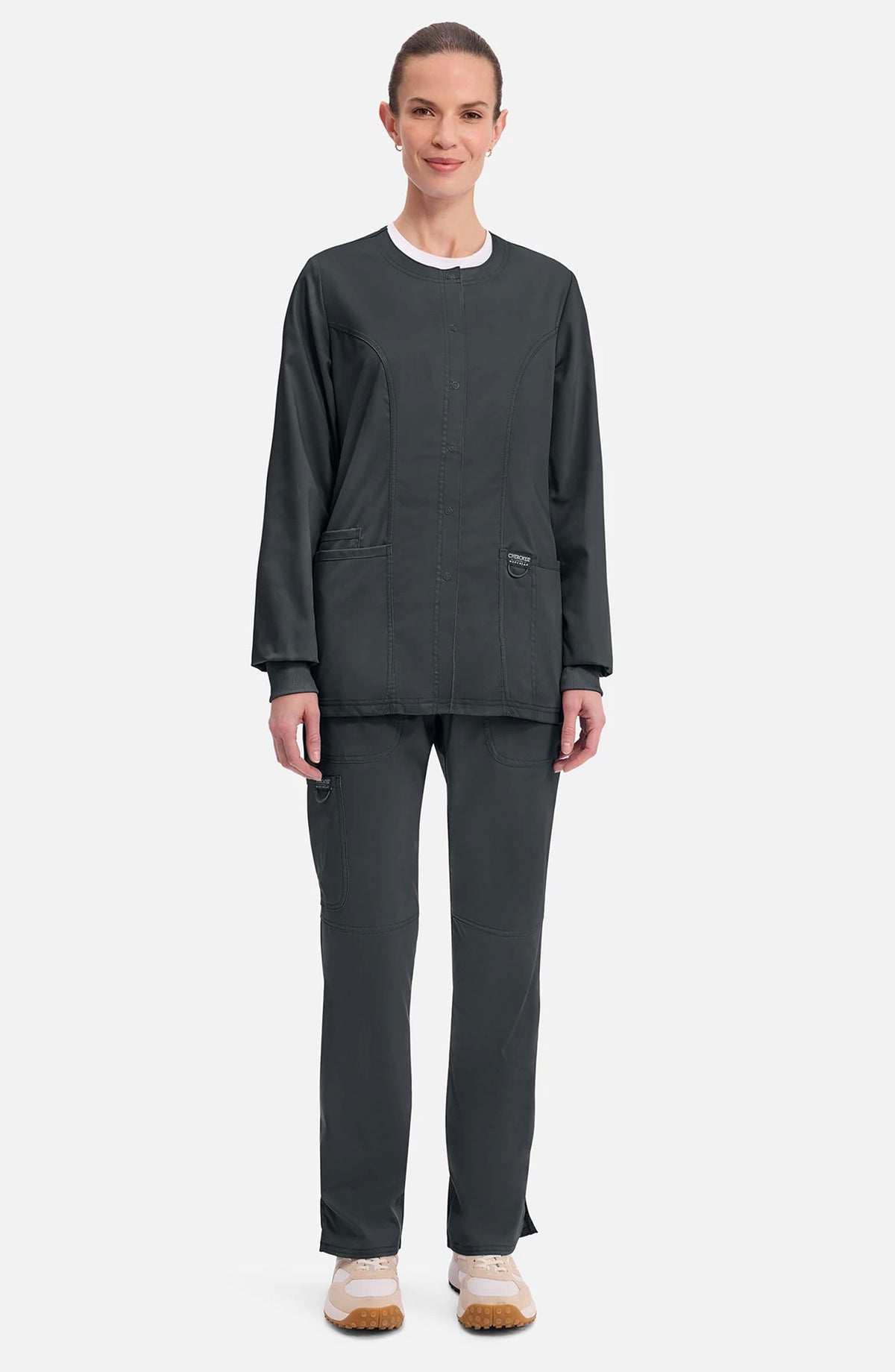 Women's Scrubs Jacket Button Front Black Cherokee Workwear Revolution MDF Instruments WW310