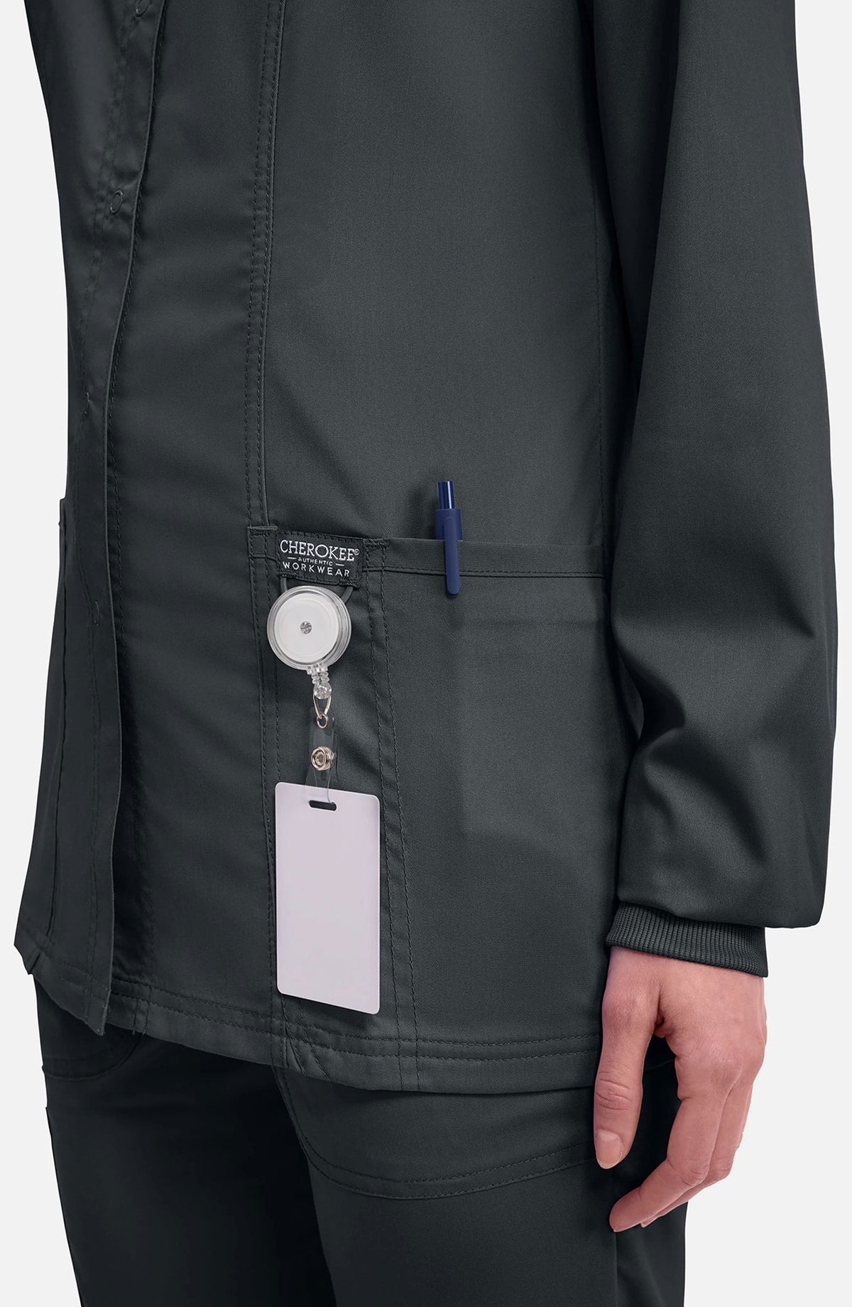 Women's Scrubs Jacket Button Front Black Cherokee Workwear Revolution MDF Instruments WW310