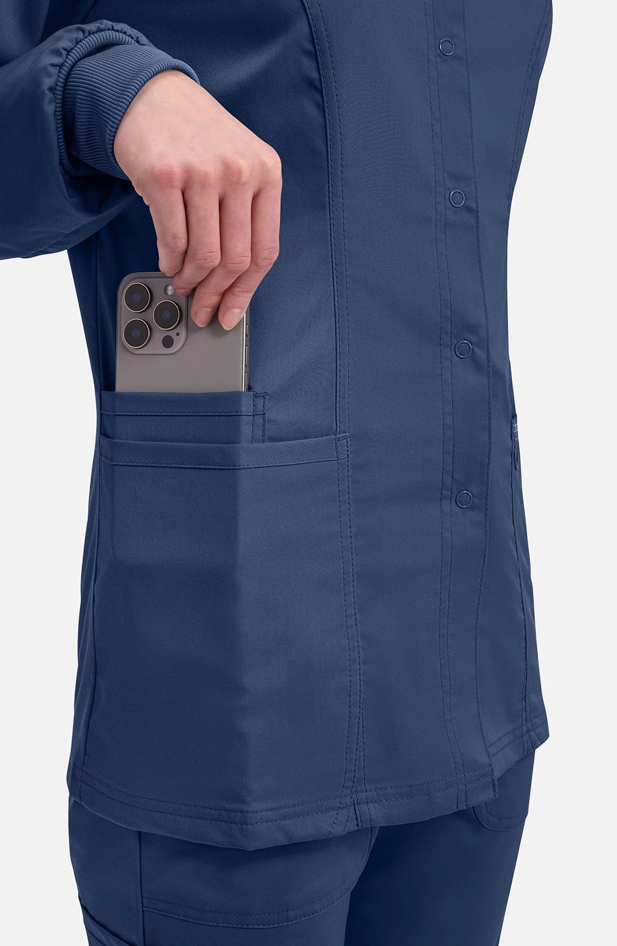 Women's Scrubs Jacket Button Front Navy Cherokee Workwear Revolution MDF Instruments WW310