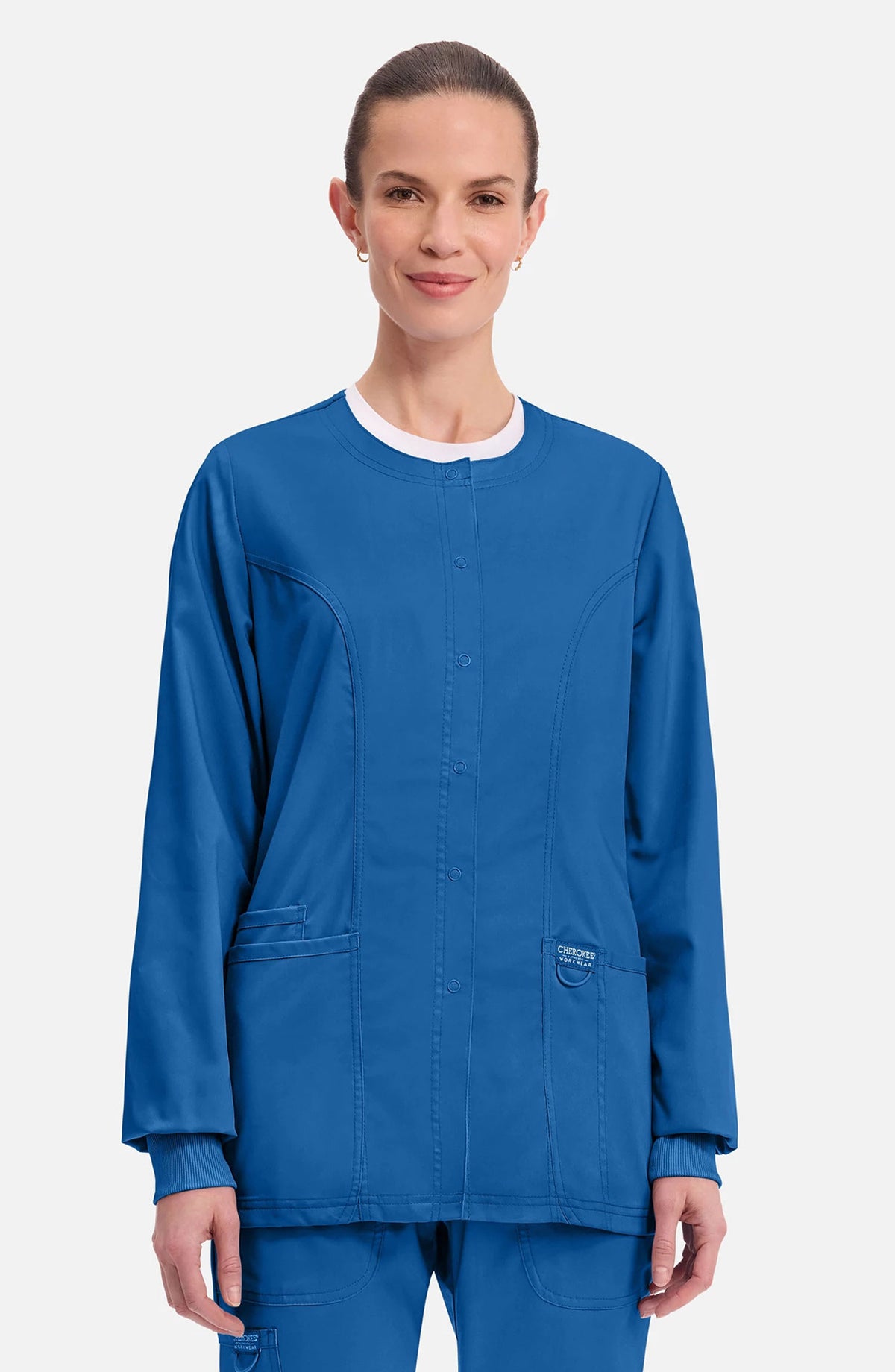Women's Scrubs Jacket Button Front Royal Blue Cherokee Workwear Revolution MDF Instruments WW310