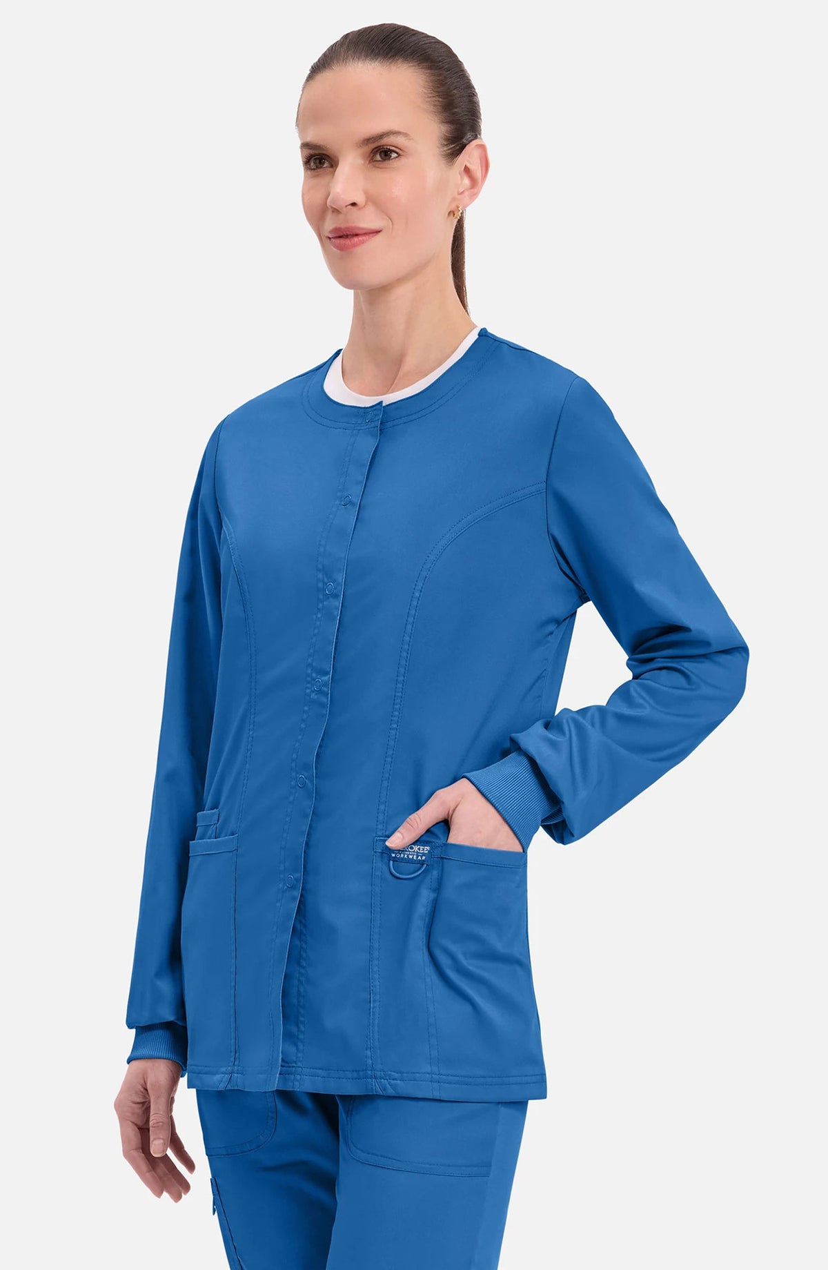 Women's Scrubs Jacket Button Front Royal Blue Cherokee Workwear Revolution MDF Instruments WW310