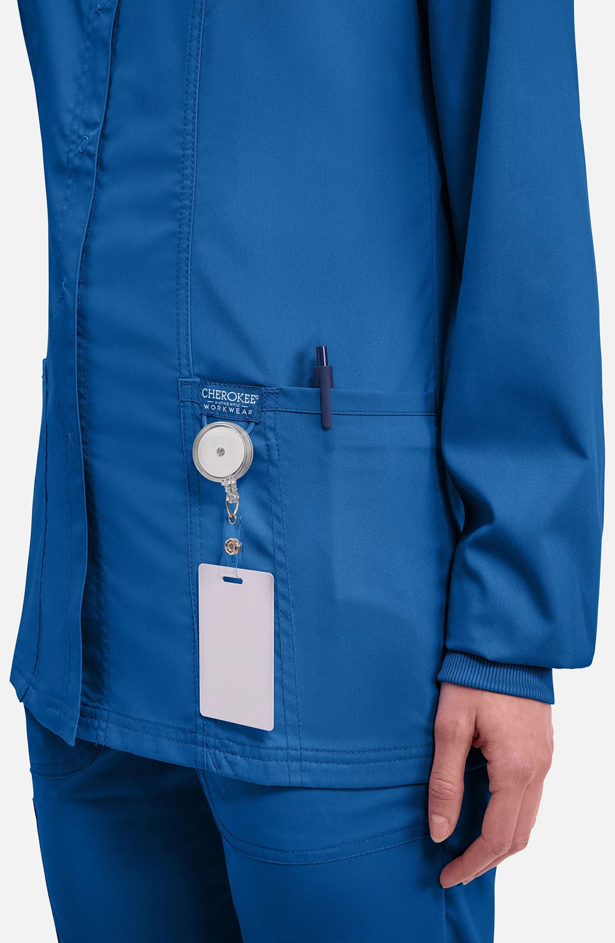 Women's Scrubs Jacket Button Front Royal Blue Cherokee Workwear Revolution MDF Instruments WW310