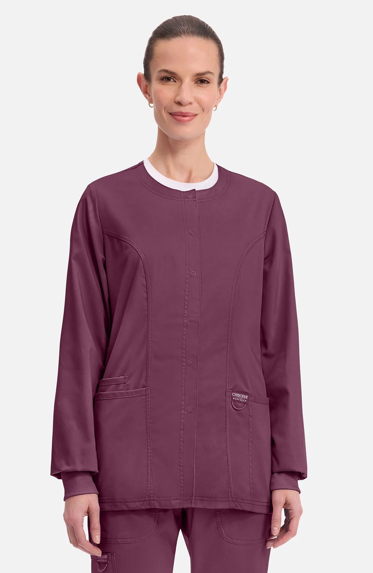 Women's Scrubs Jacket Button Front Wine Cherokee Workwear Revolution MDF Instruments WW310