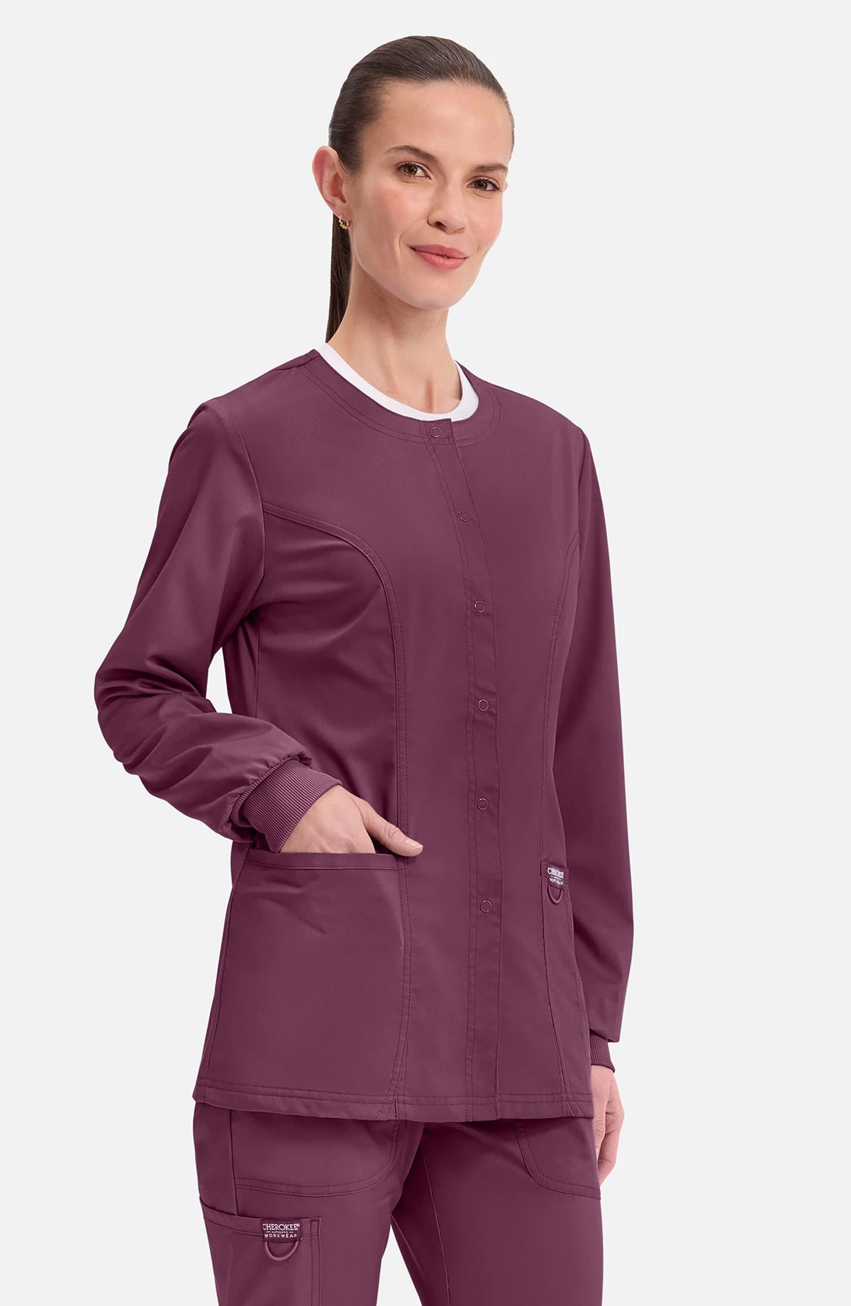 Women's Scrubs Jacket Button Front Wine Cherokee Workwear Revolution MDF Instruments WW310