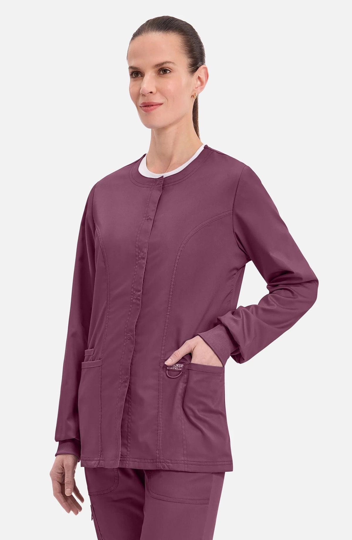 Women's Scrubs Jacket Button Front Wine Cherokee Workwear Revolution MDF Instruments WW310