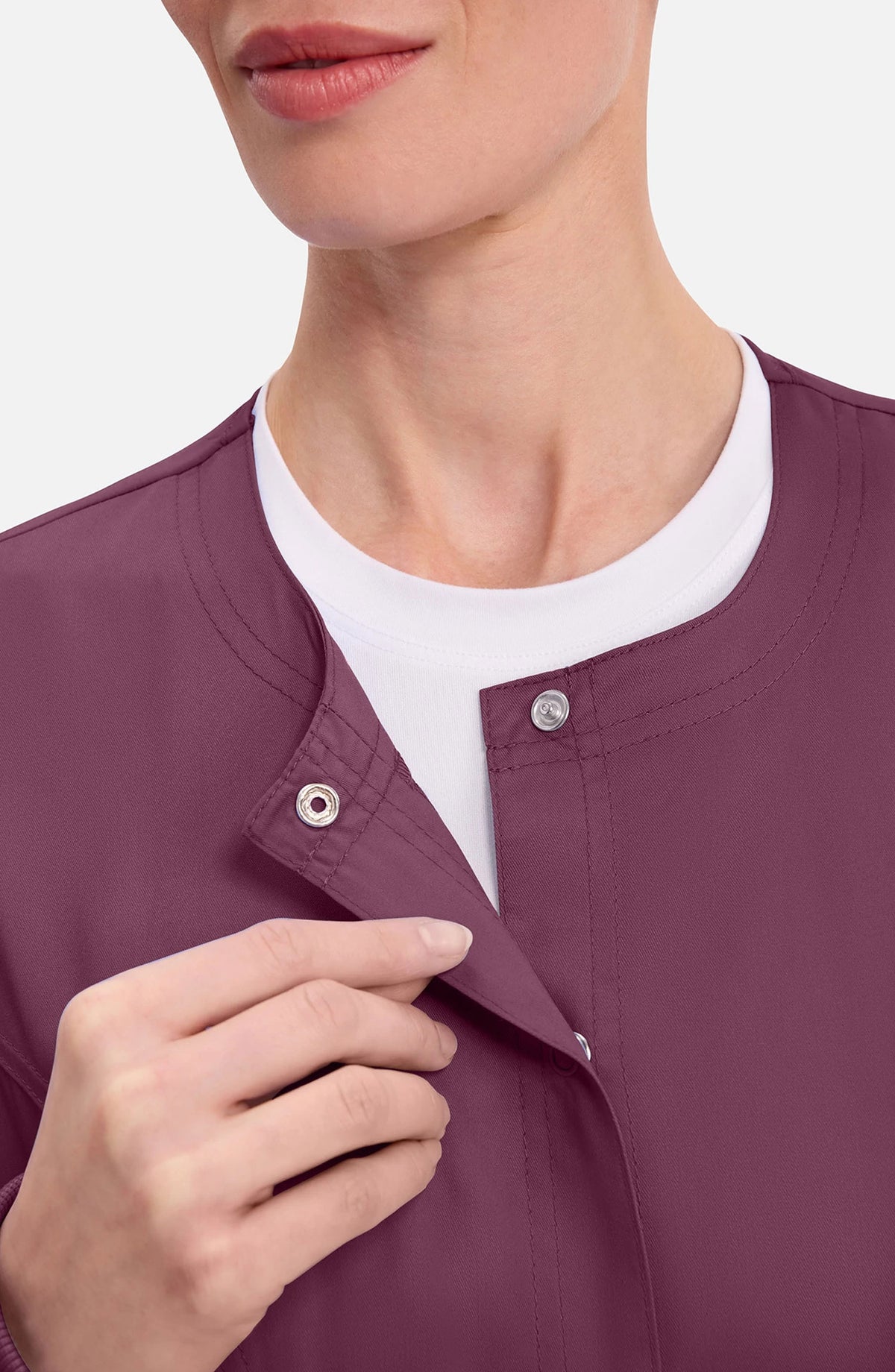 Women's Scrubs Jacket Button Front Wine Cherokee Workwear Revolution MDF Instruments WW310