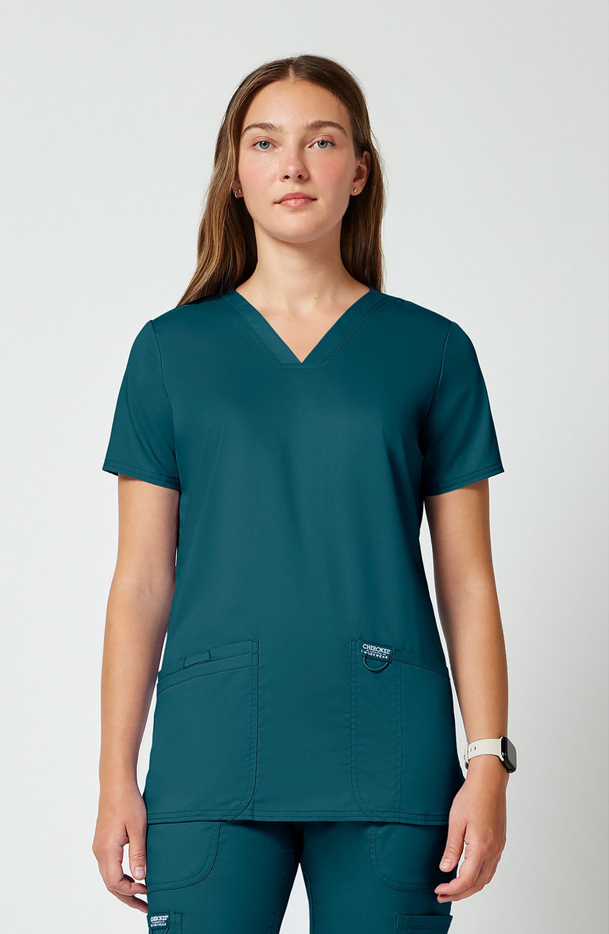 Women's Scrub Top V-Neck Caribbean Blue Cherokee Workwear Revolution MDF Instruments WW620