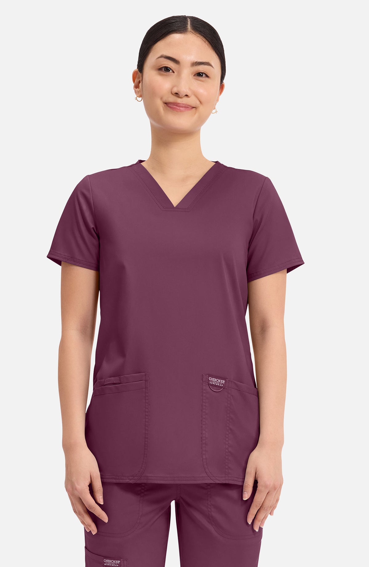 Women's Scrub Top V-Neck Wine Burgundy Cherokee Workwear Revolution MDF Instruments WW620