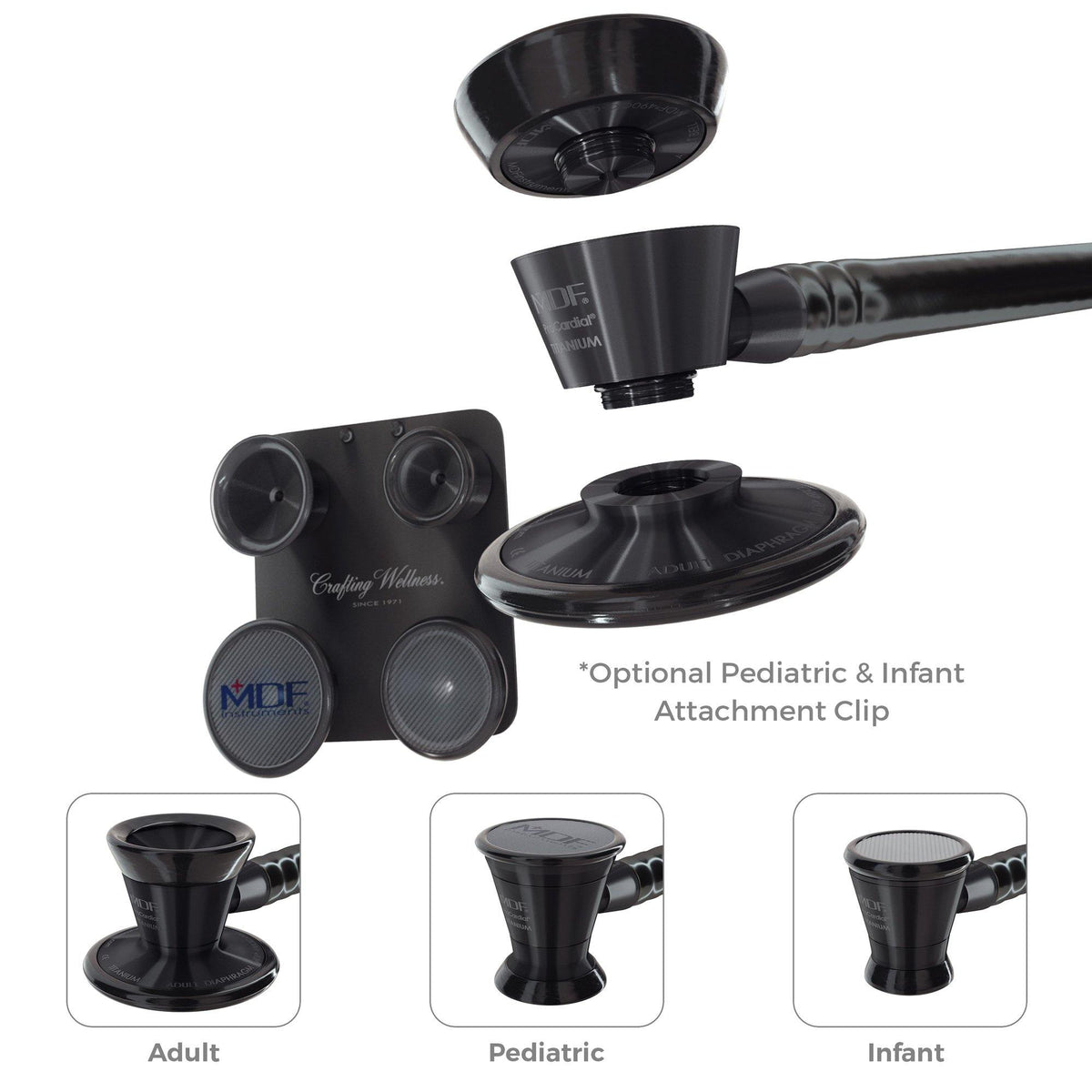 Stethoscope Attachments for Pediatric and Infant Neonatal Patients with Clip MDF® ProCardial® Titanium BlackOut