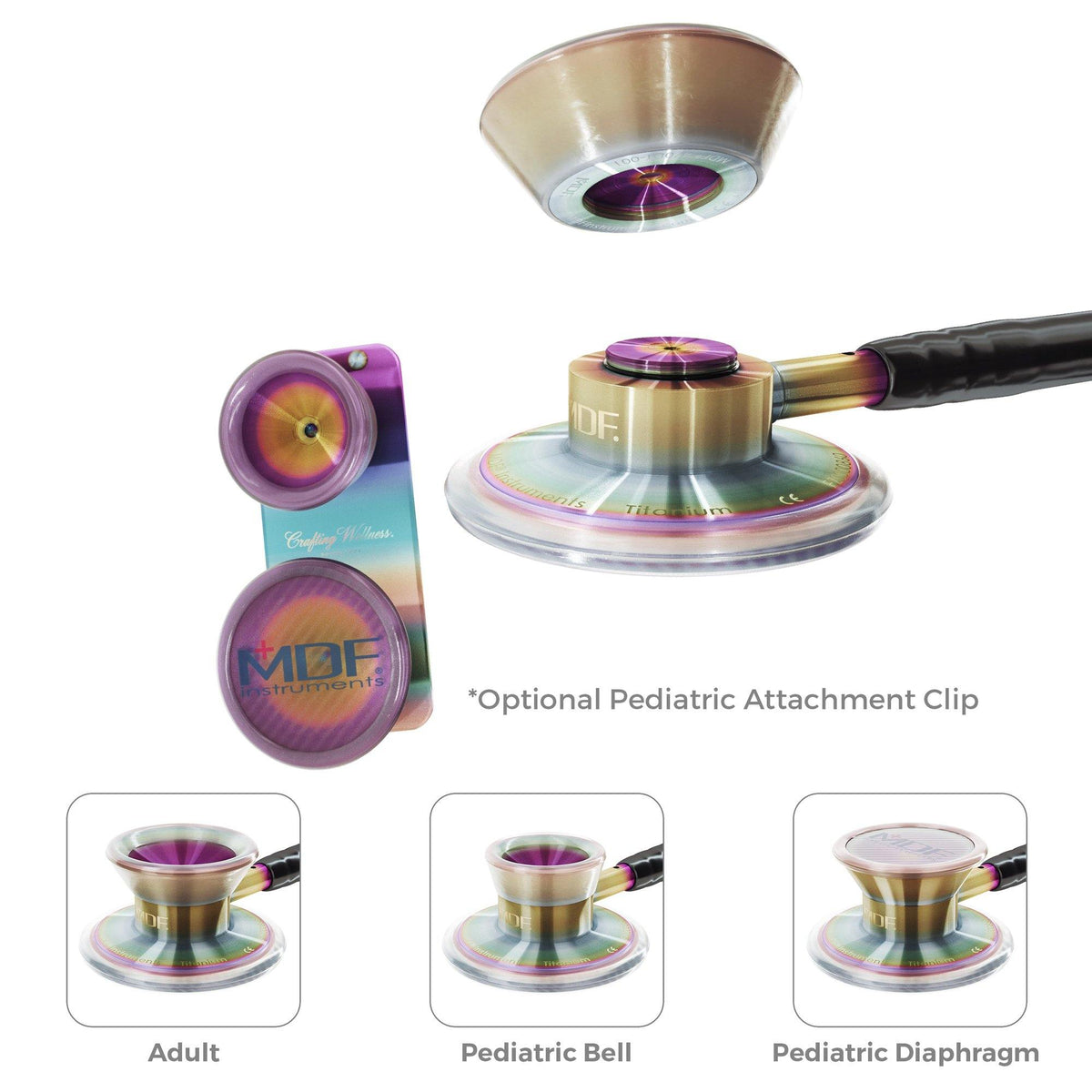 Stethoscope MDF Instruments MD One Epoch Titanium Pink and Purple Paisley Print Purpaisley and Kaleidoscope Attachments for Pediatrics