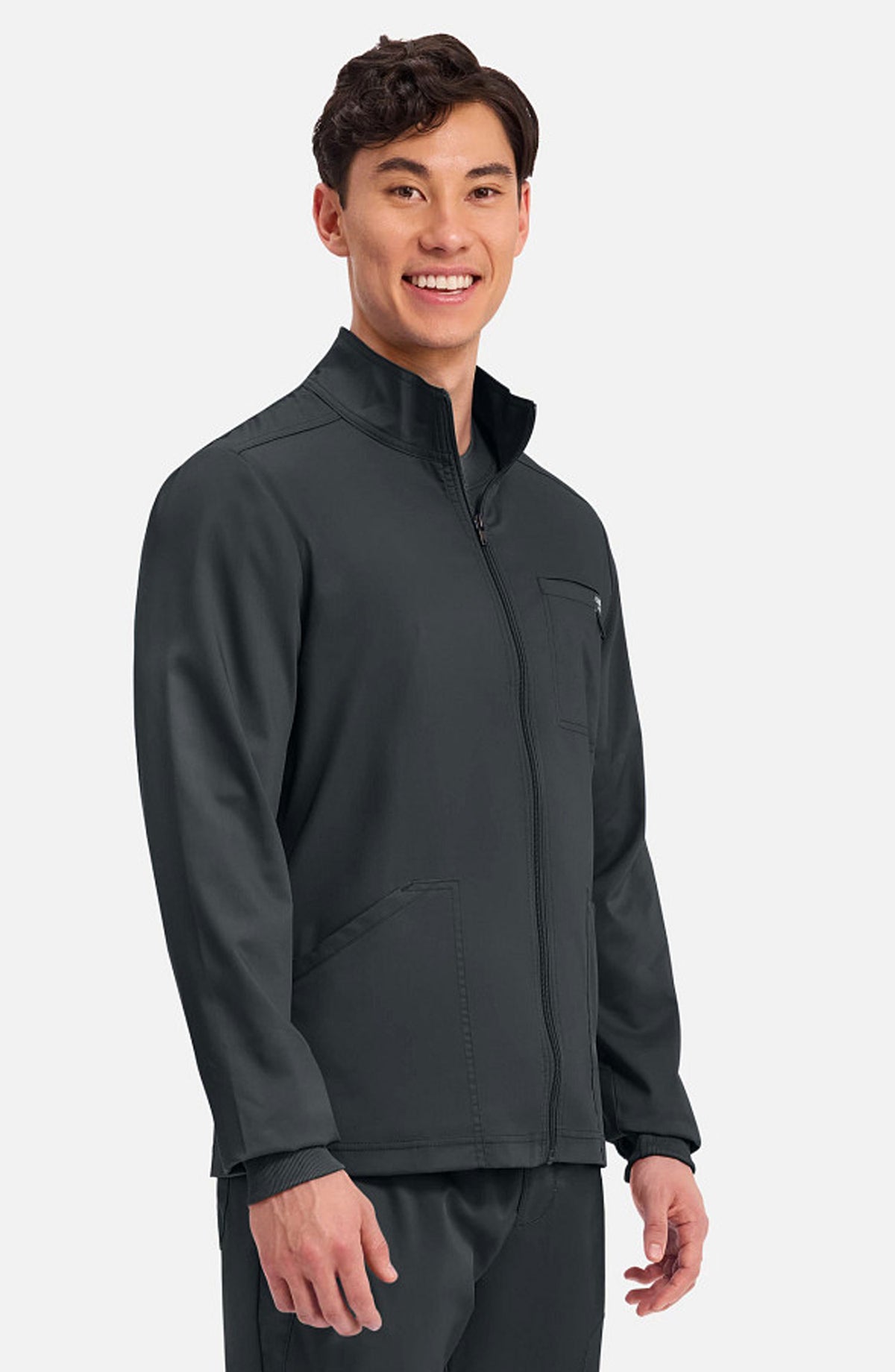 Men's Scrubs Jacket Zip Front Black Cherokee Workwear Revolution MDF Instruments WW320