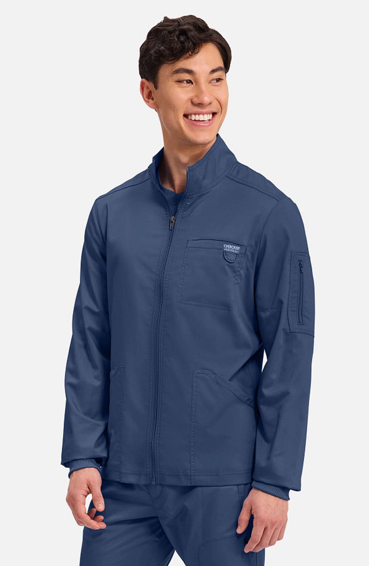 Men's Scrubs Jacket Zip Front Navy Cherokee Workwear Revolution MDF Instruments WW320