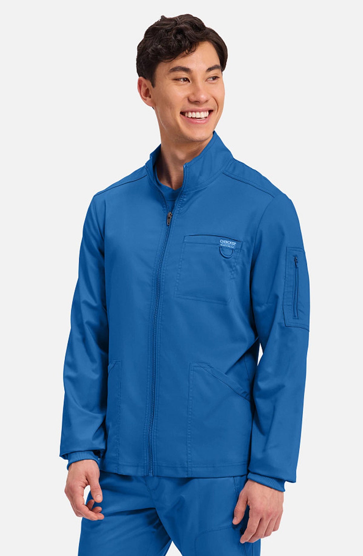 Men's Scrubs Jacket Zip Front Royal Blue Cherokee Workwear Revolution MDF Instruments WW320