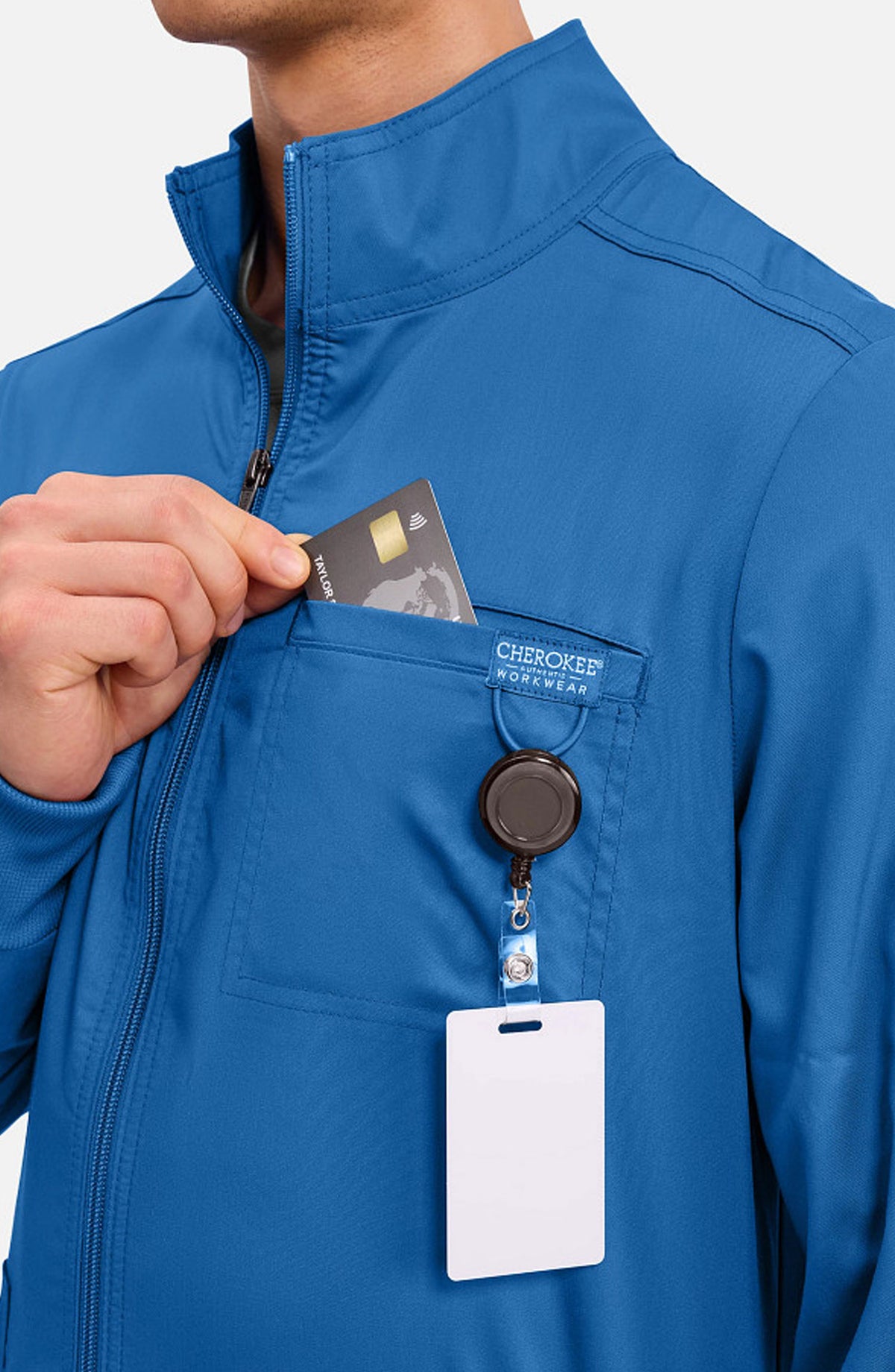 Men's Scrubs Jacket Zip Front Royal Blue Cherokee Workwear Revolution MDF Instruments WW320