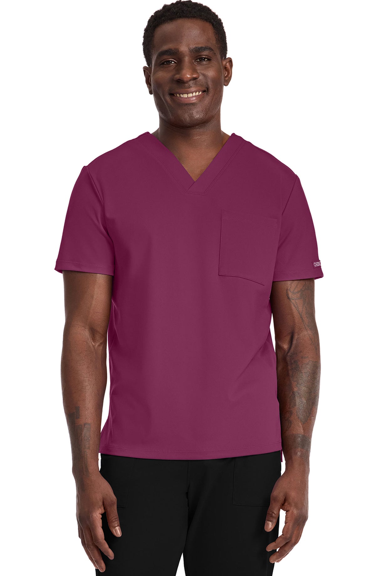 Men's Scrub Top Tuck-In V-Neck Top Wine Cherokee Achieve MDF Instruments CK834
