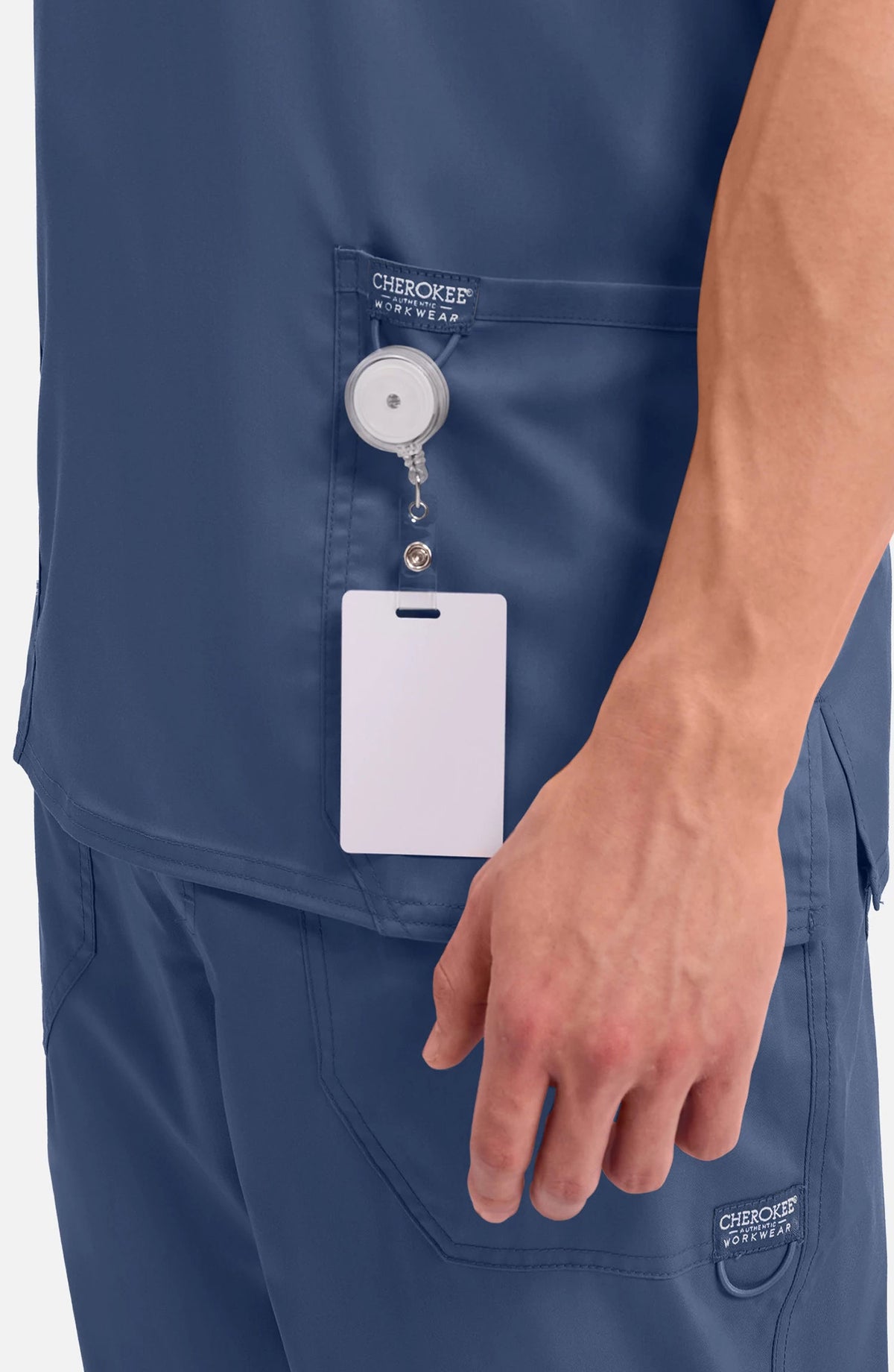 Men's Scrub Top V-Neck Top Navy Cherokee Workwear Revolution MDF Instruments WW670