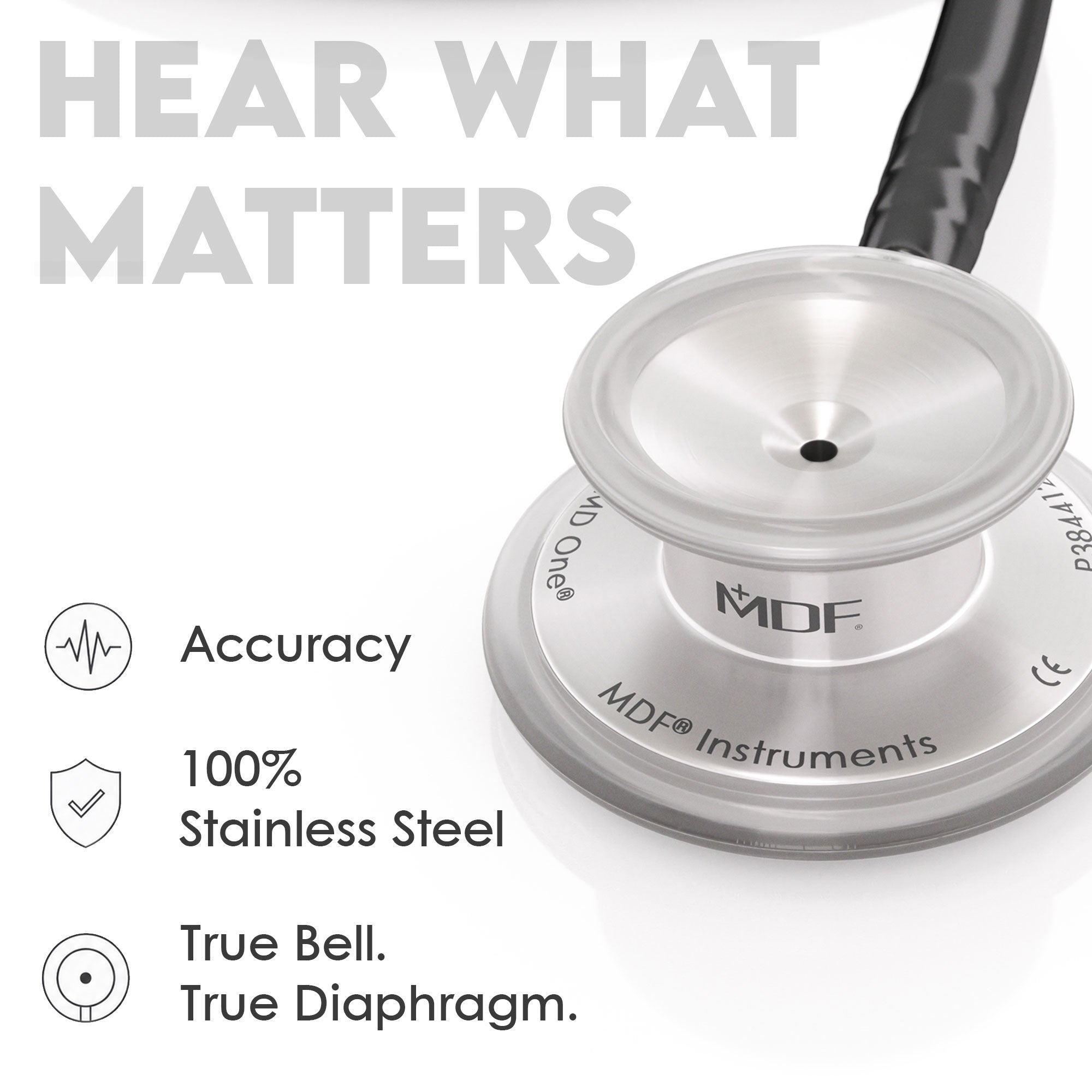 Stethoscope MDF Instruments MD One Stainless Steel Adult Dual Head NoirNoir Black True Bell and True Diaphragm for Accurate Sound