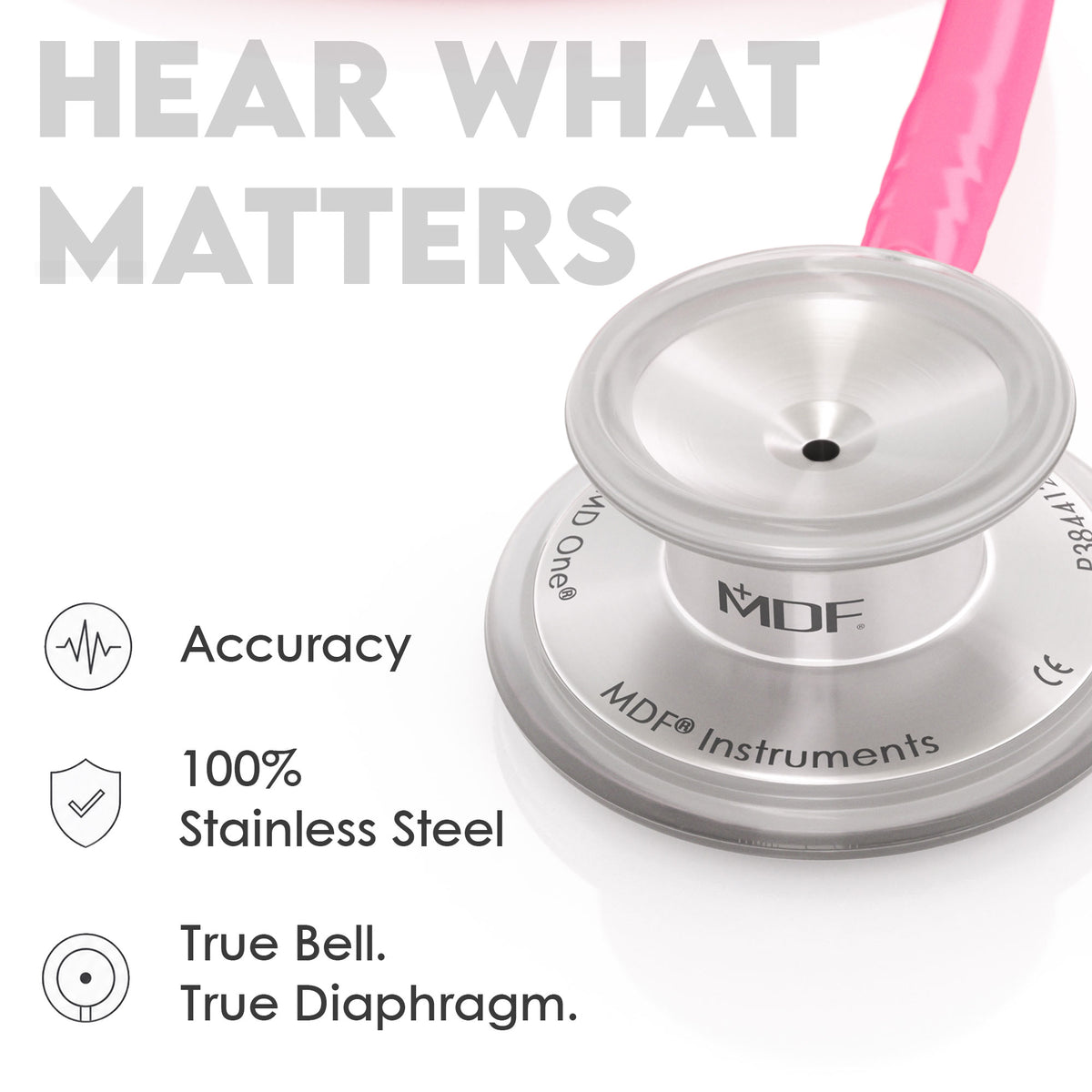 Stethoscope MDF Instruments MD One Stainless Steel Adult Dual Head ThinkPink Bright Pink True Bell and True Diaphragm for Accurate Sound
