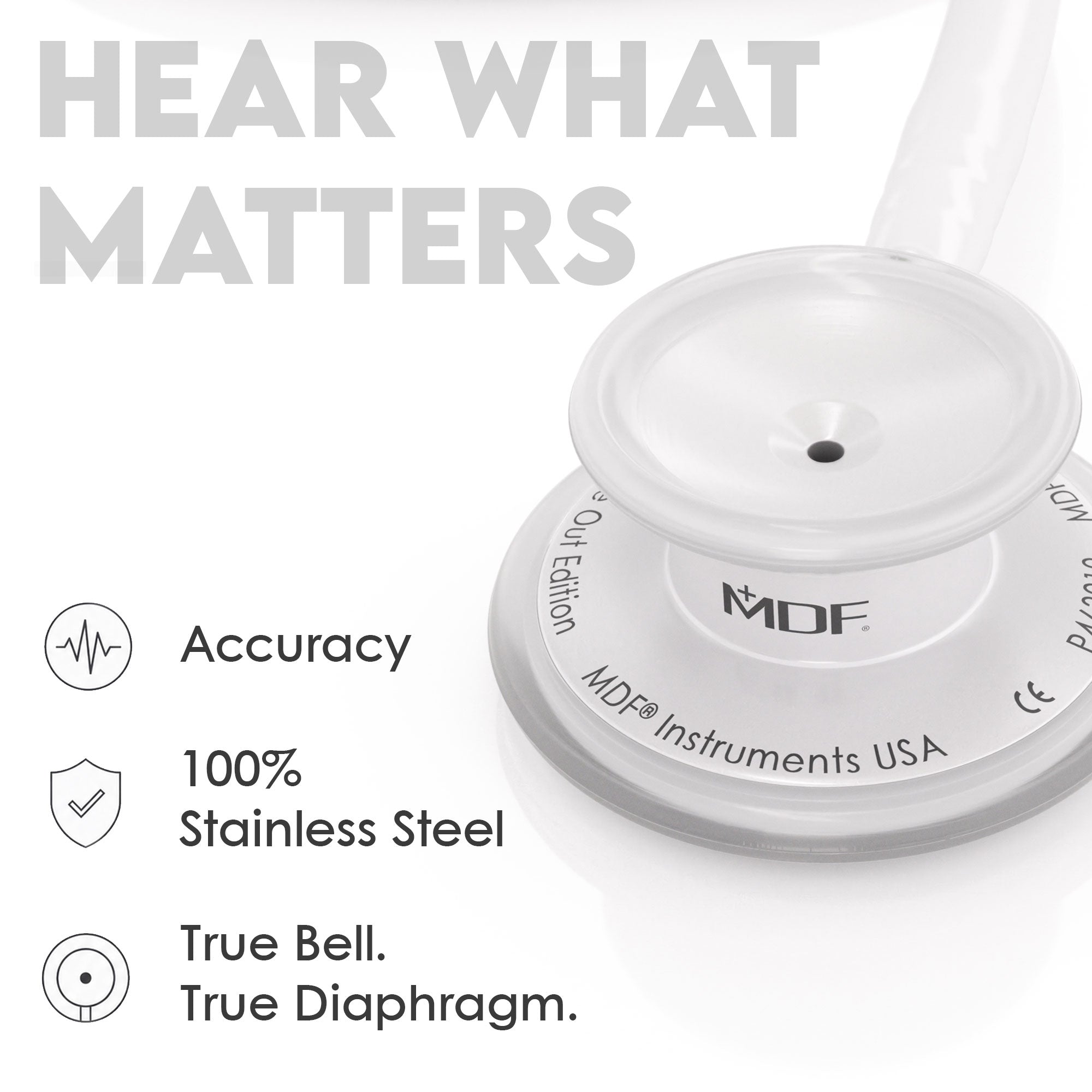 Stethoscope MDF Instruments MD One Stainless Steel Adult Dual Head WhiteOut All White True Bell and True Diaphragm for Accurate Sound