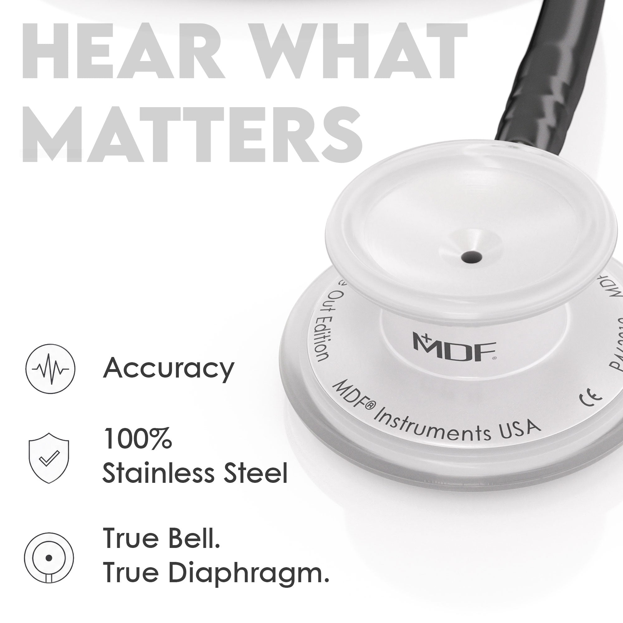 Stethoscope MDF Instruments MD One Stainless Steel Adult Dual Head Black and WhiteOut True Bell and True Diaphragm for Accurate Sound