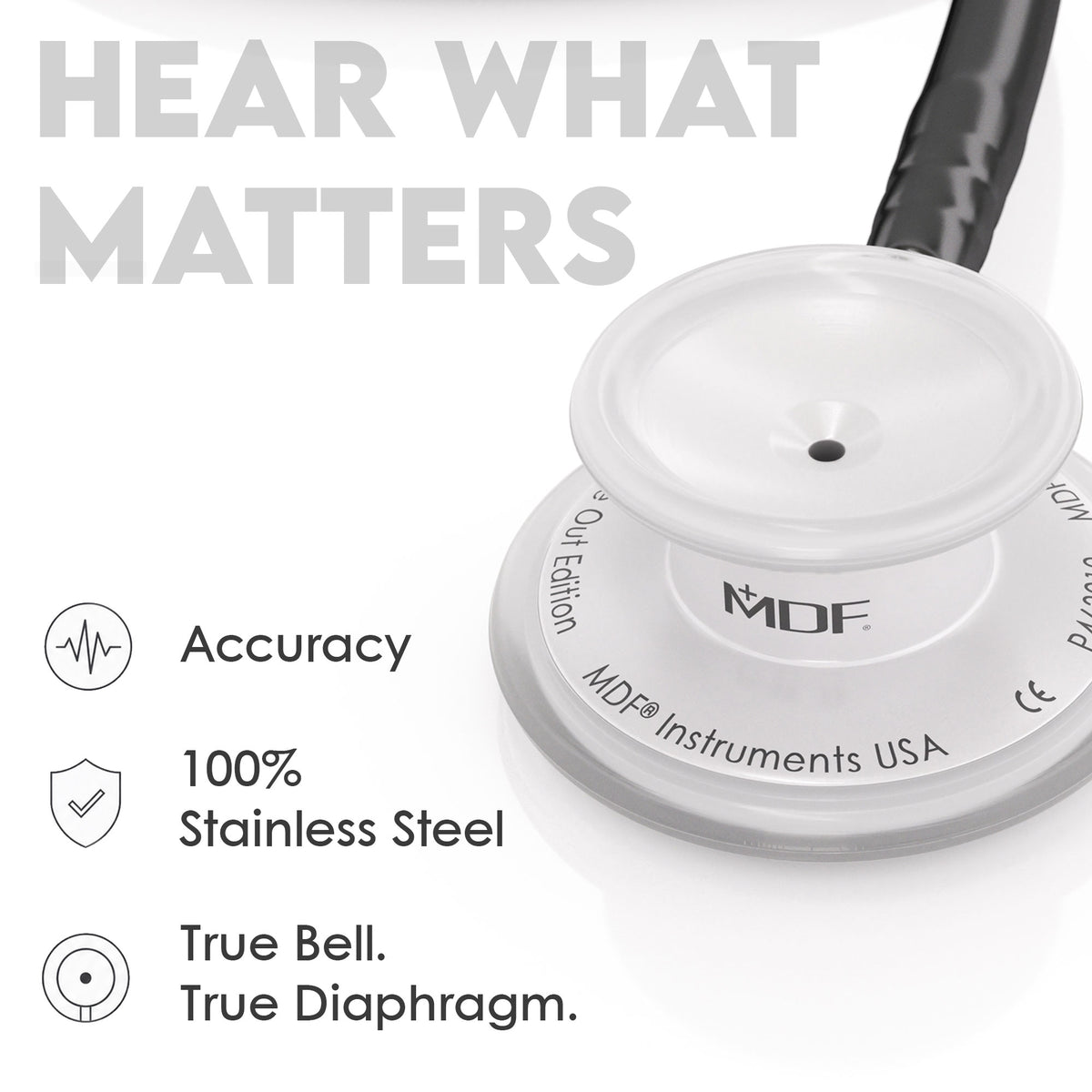 Stethoscope MDF Instruments MD One Stainless Steel Adult Dual Head Black and WhiteOut True Bell and True Diaphragm for Accurate Sound