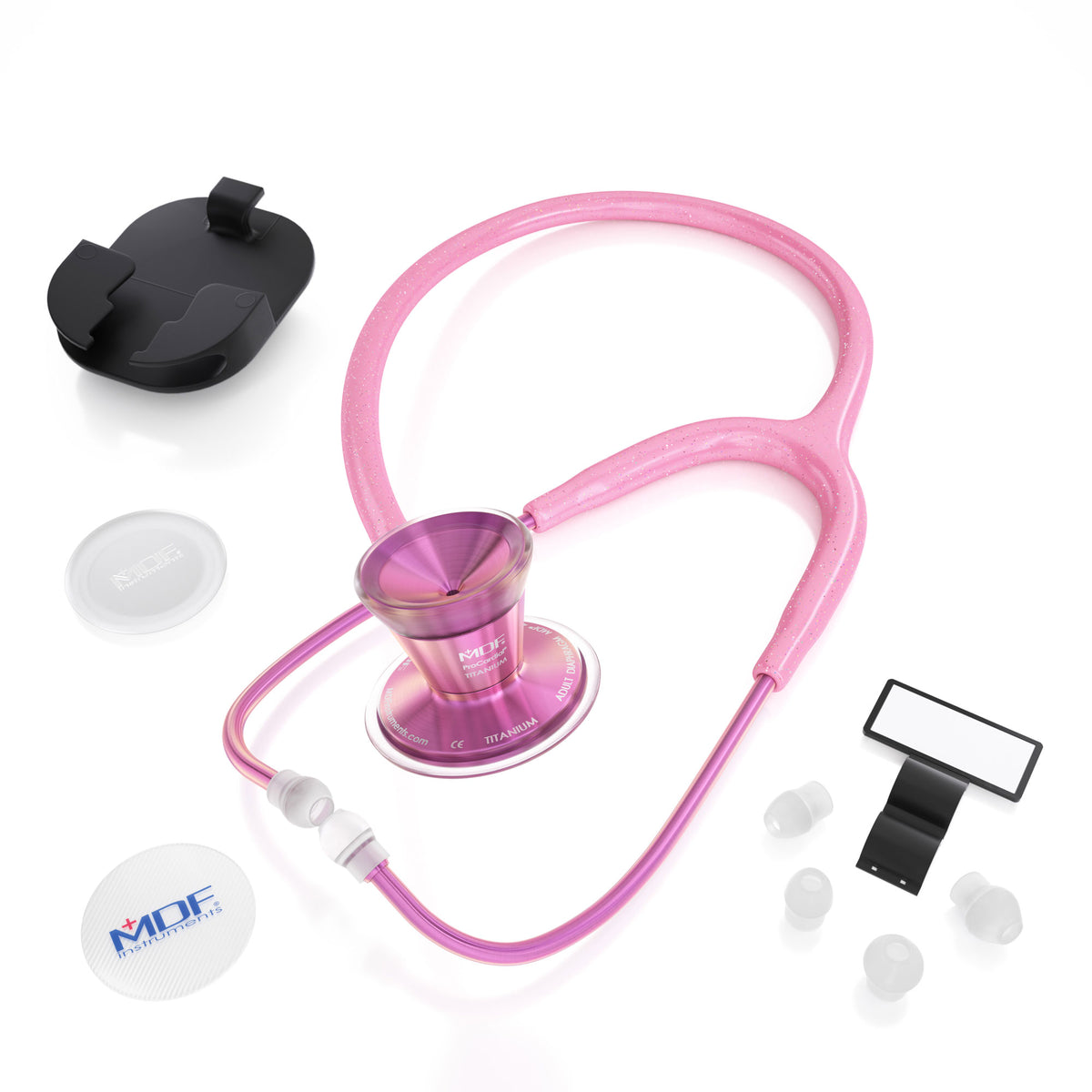 Pink Stethoscope MDF Instruments ProCardial Titanium Cardiology Mprint Light Pink Glitter and Blossom with Included Free Parts