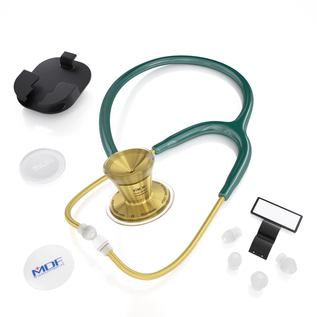 Stethoscope MDF Instruments ProCardial Titanium Cardiology Green and Gold with Included Stethoscope Accessories