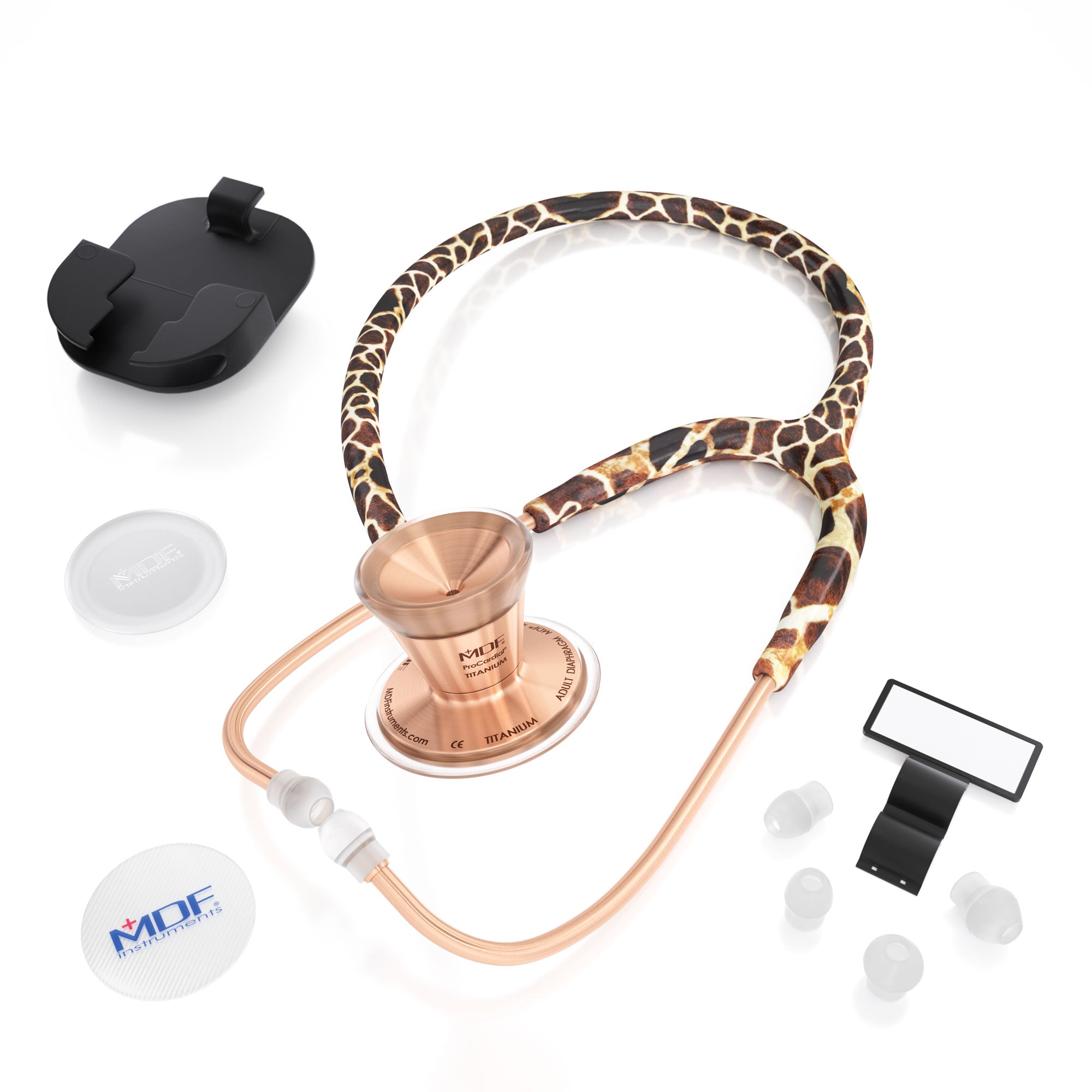 Stethoscope MDF Instruments ProCardial Titanium Mprint Giraffe Print Giraffica and Rose Gold