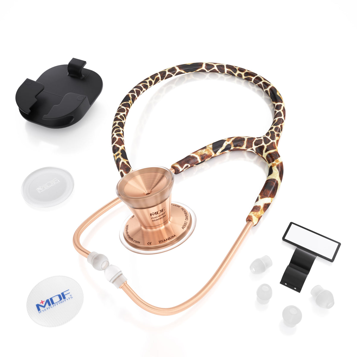 Stethoscope MDF Instruments ProCardial Titanium Mprint Giraffe Print Giraffica and Rose Gold