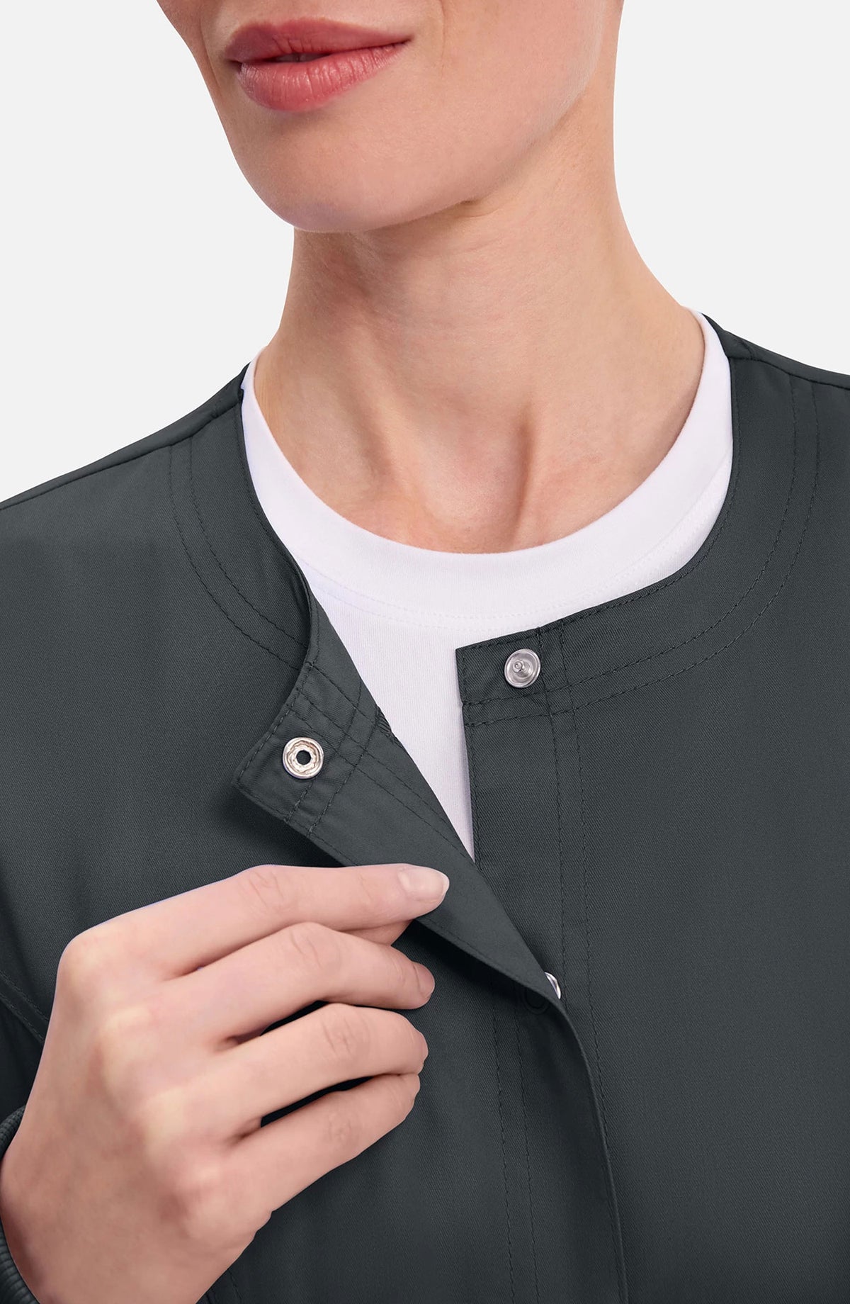 Women's Scrubs Jacket Button Front Black Cherokee Workwear Revolution MDF Instruments WW310