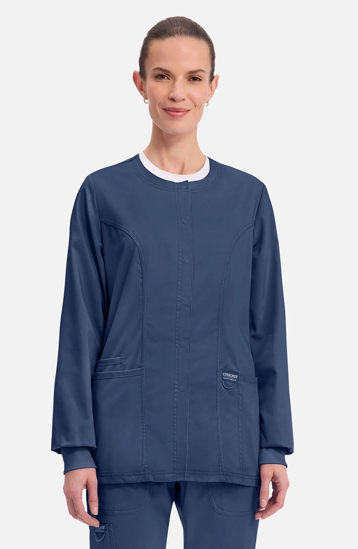 Women's Scrubs Jacket Button Front Navy Cherokee Workwear Revolution MDF Instruments WW310