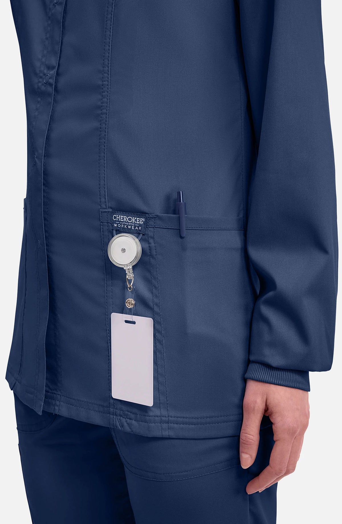 Women's Scrubs Jacket Button Front Navy Cherokee Workwear Revolution MDF Instruments WW310