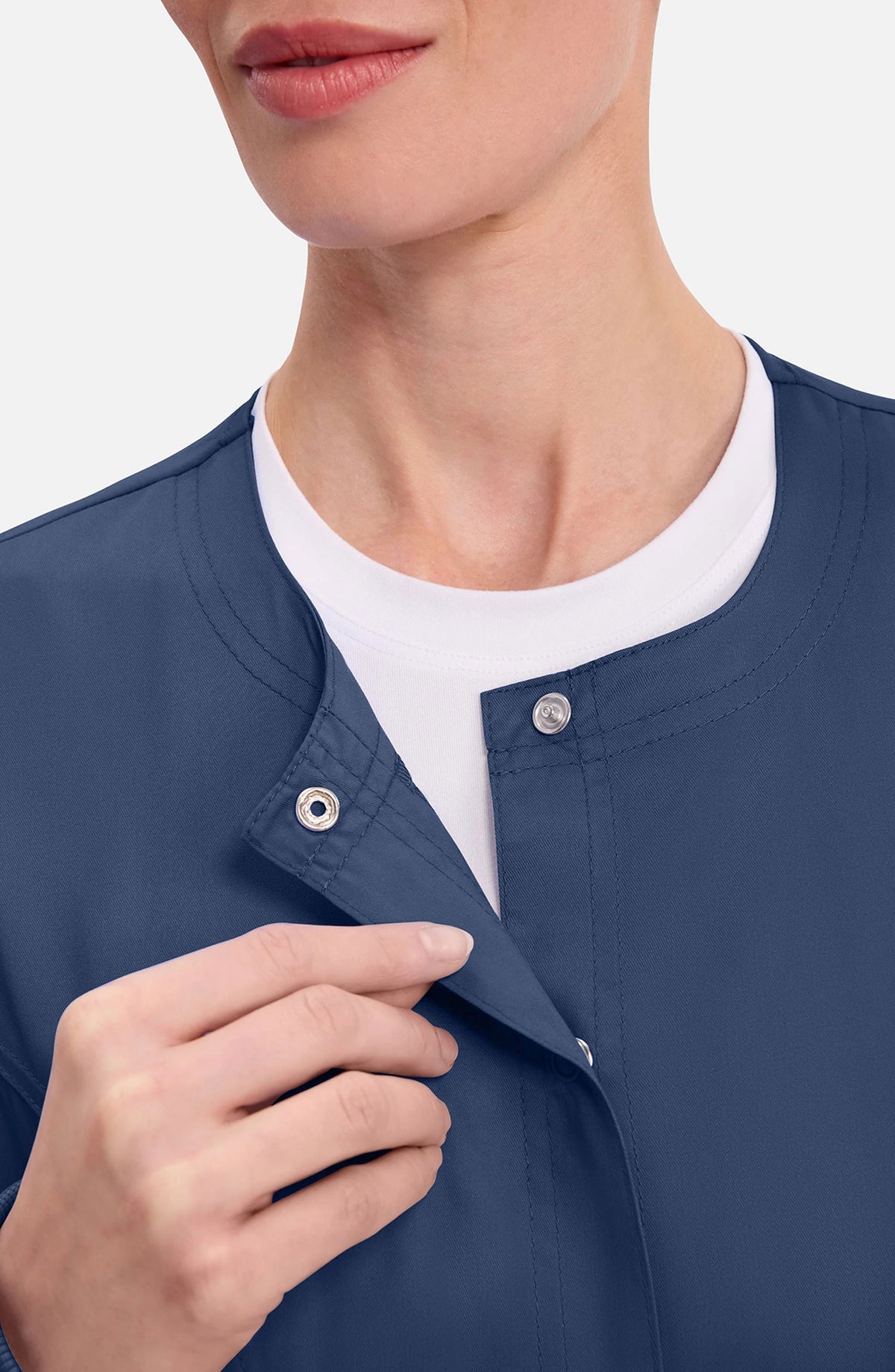 Women's Scrubs Jacket Button Front Navy Cherokee Workwear Revolution MDF Instruments WW310