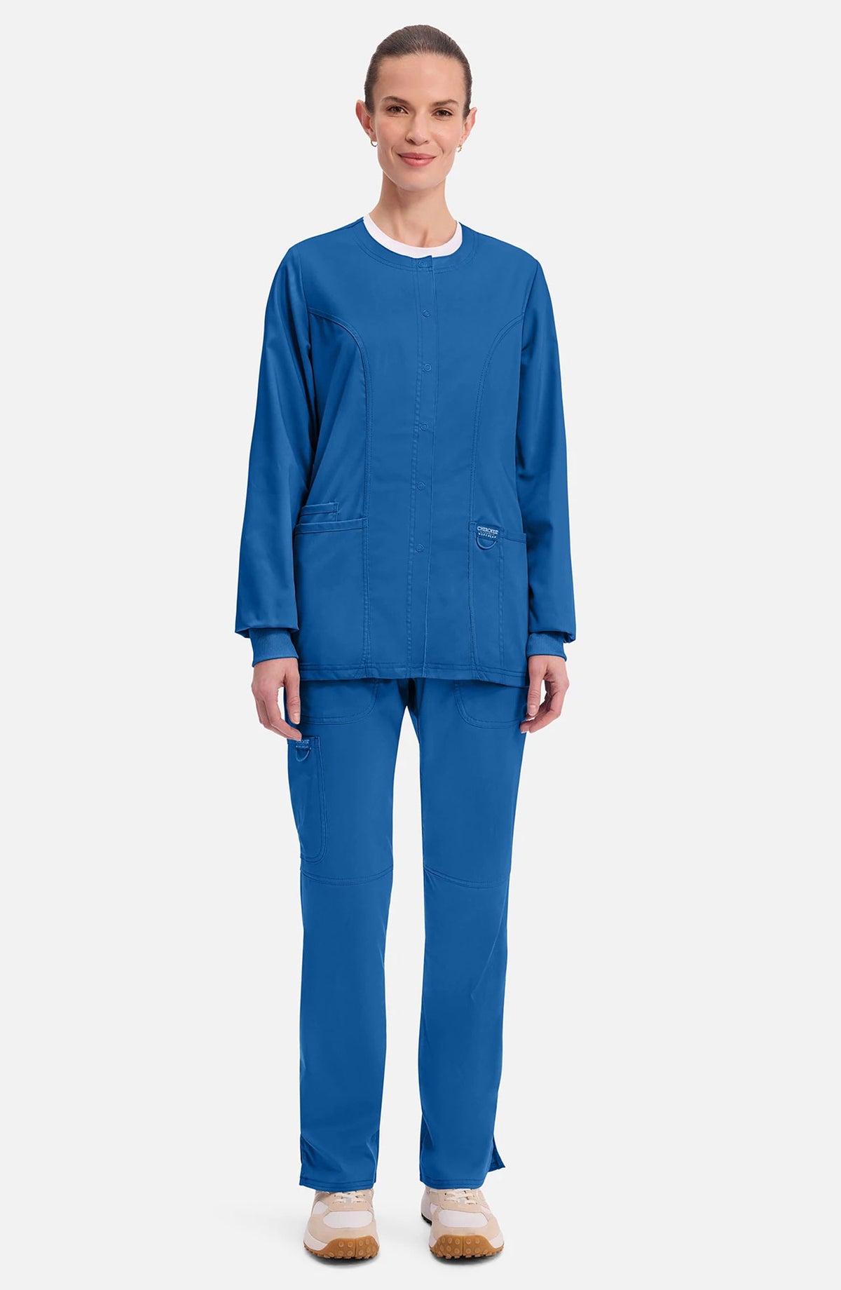 Women's Scrubs Jacket Button Front Royal Blue Cherokee Workwear Revolution MDF Instruments WW310