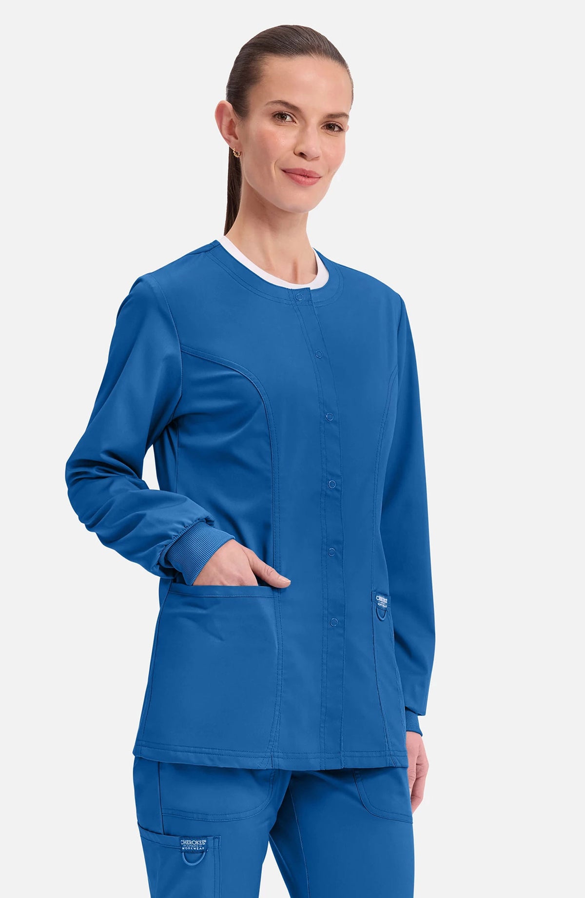 Women's Scrubs Jacket Button Front Royal Blue Cherokee Workwear Revolution MDF Instruments WW310