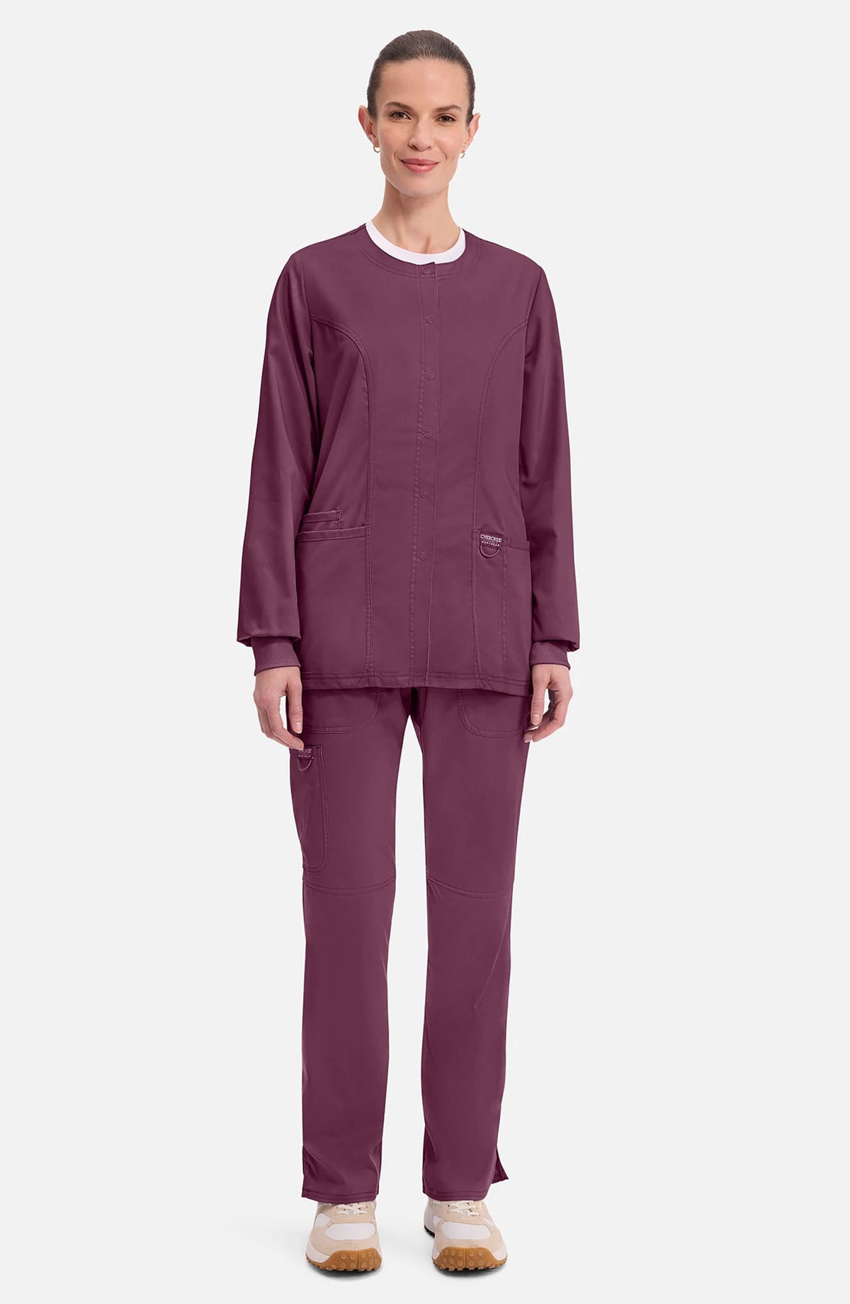 Women's Scrubs Jacket Button Front Wine Cherokee Workwear Revolution MDF Instruments WW310