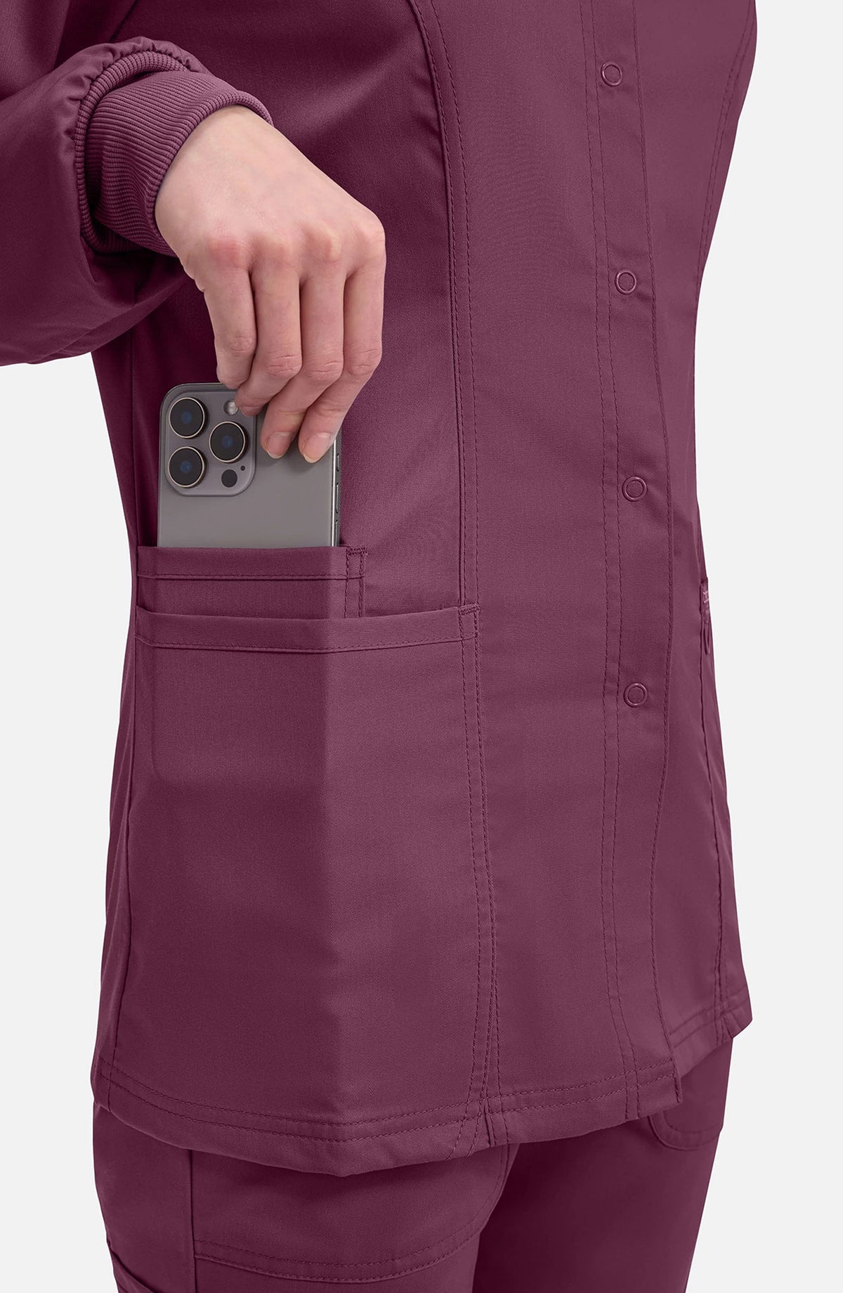 Women's Scrubs Jacket Button Front Wine Cherokee Workwear Revolution MDF Instruments WW310