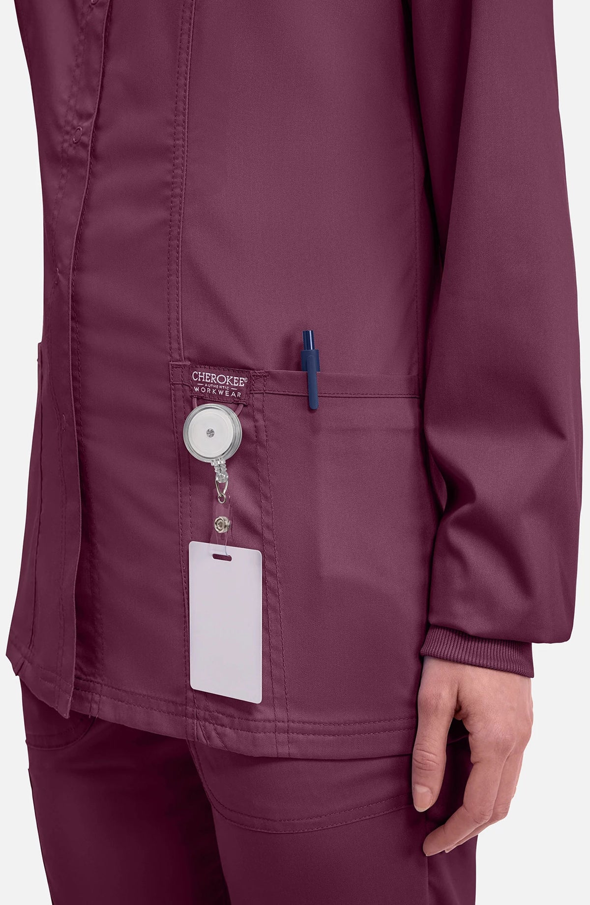 Women's Scrubs Jacket Button Front Wine Cherokee Workwear Revolution MDF Instruments WW310
