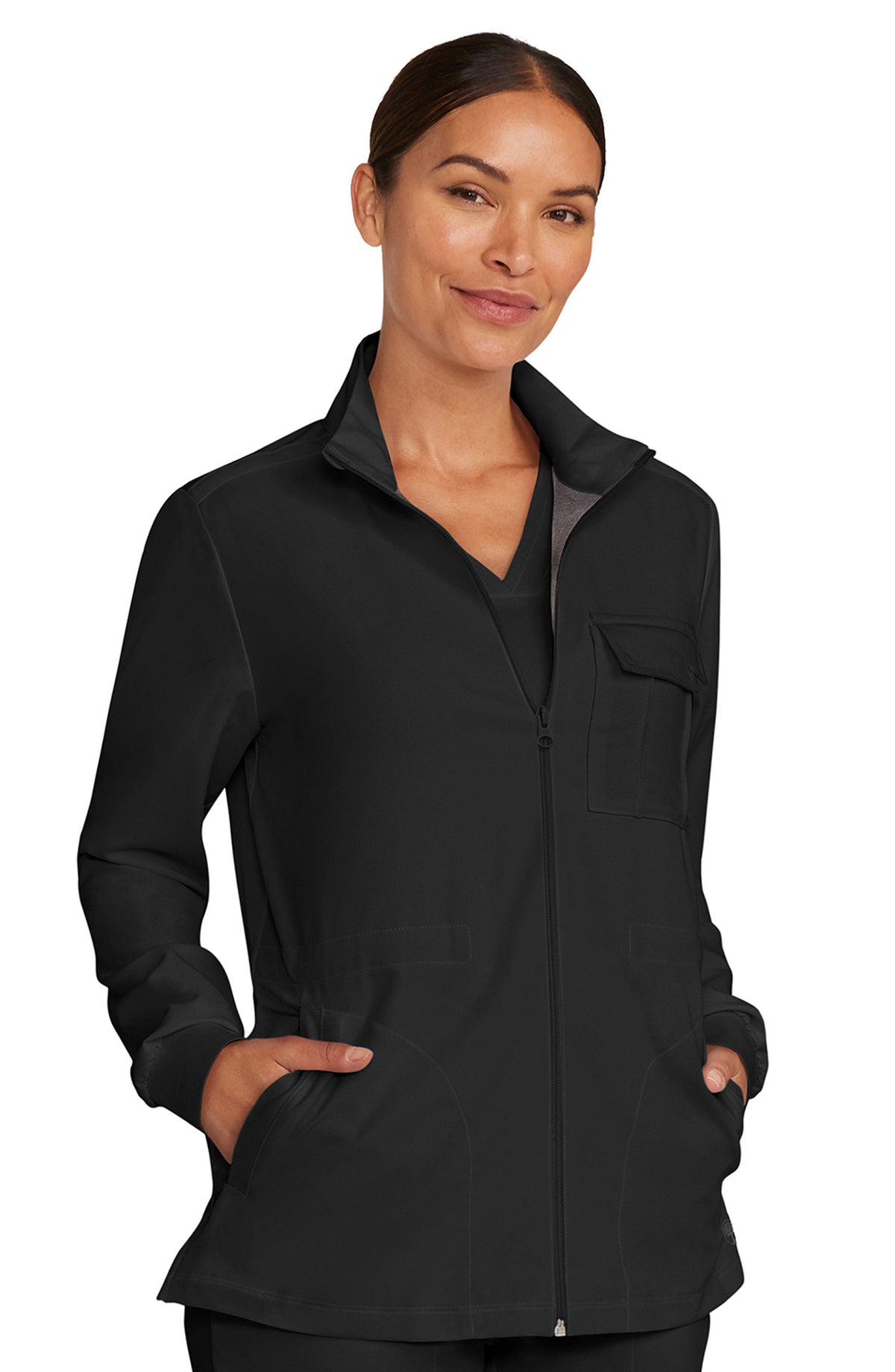 Women's Scrub Jacket Zip Front Utility Black Healing Hands Quest MDF Instruments