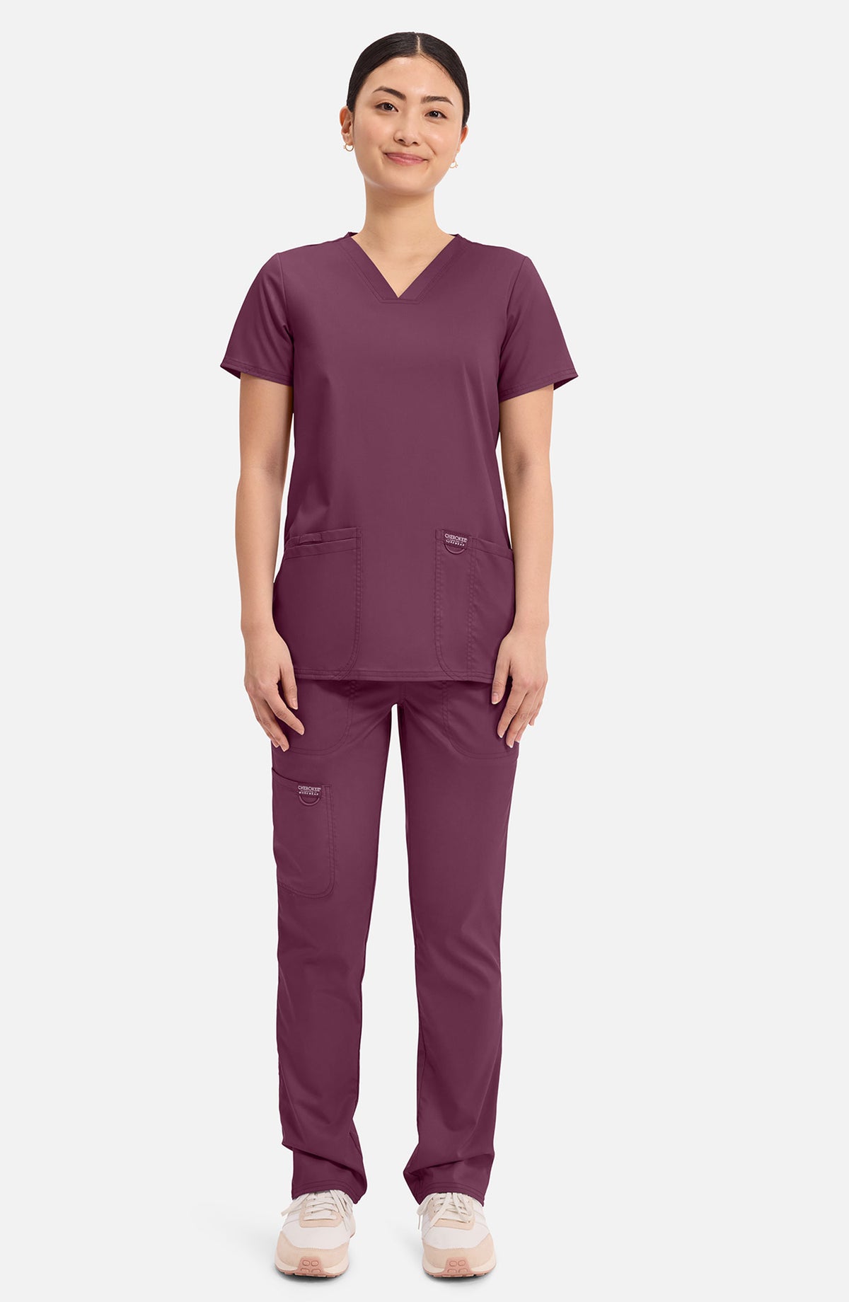 Women's Scrub Top V-Neck Wine Burgundy Cherokee Workwear Revolution MDF Instruments WW620
