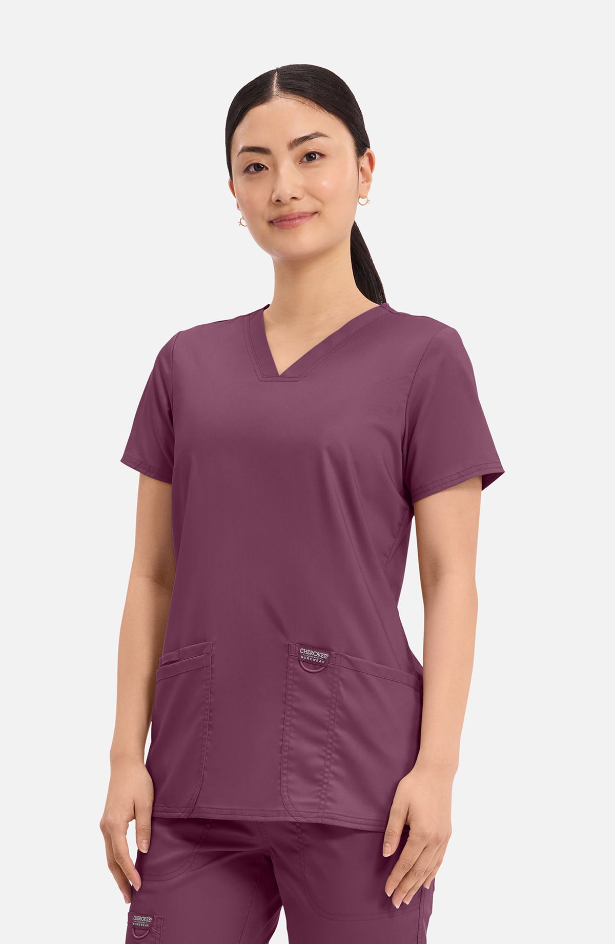 Women's Scrub Top V-Neck Wine Burgundy Cherokee Workwear Revolution MDF Instruments WW620