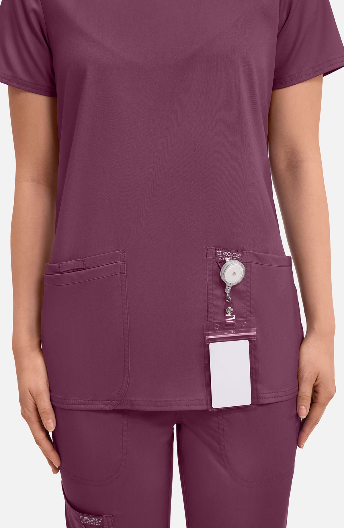 Women's Scrub Top V-Neck Wine Burgundy Cherokee Workwear Revolution MDF Instruments WW620
